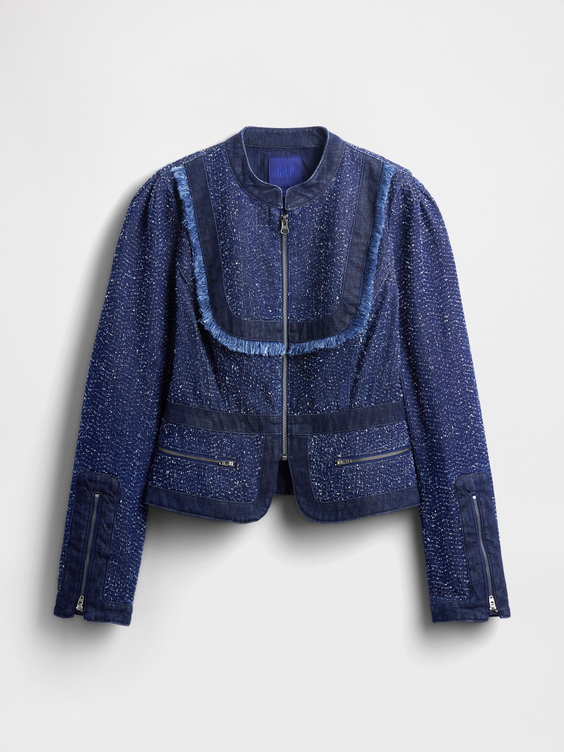 Dark Wash Blue Denim Tweed Fringe Jacket - Image 4 of 5