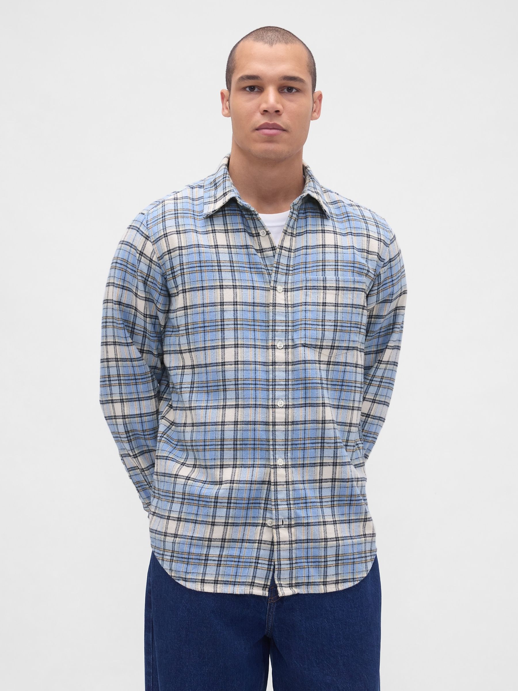 Light Blue Cotton Relaxed Flannel Shirt - Image 1 of 4