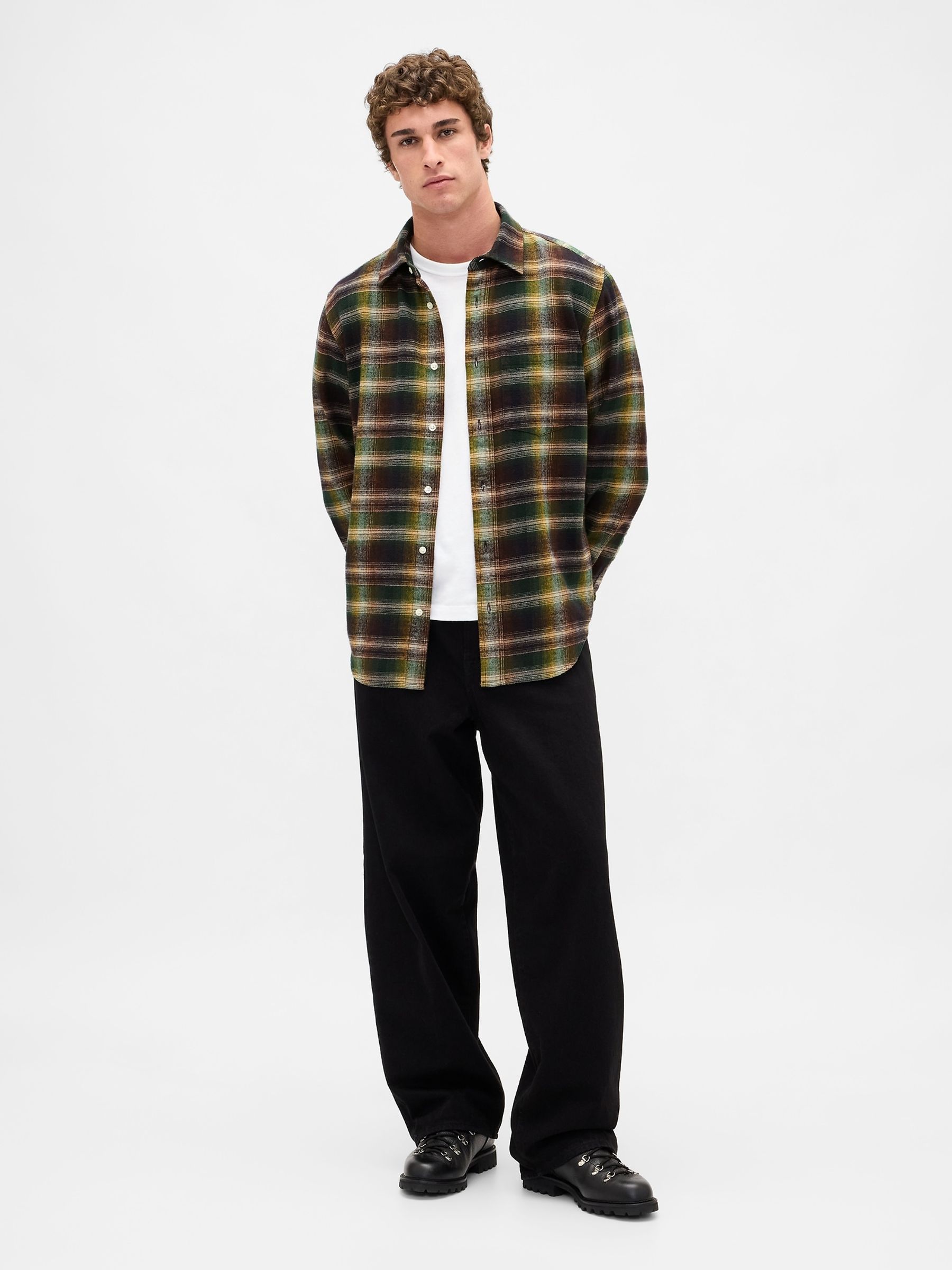 Black Cotton Relaxed Flannel Shirt - Image 1 of 3