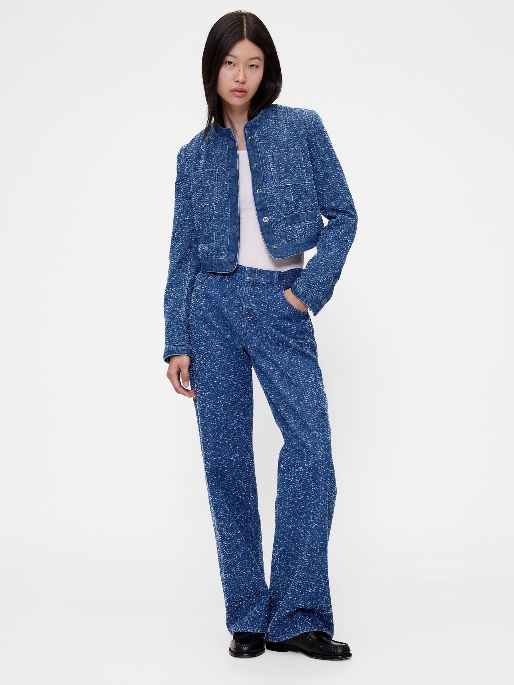 Mid Wash Blue Low Rise Denim Tweed Loose Jeans - Image 4 of 5