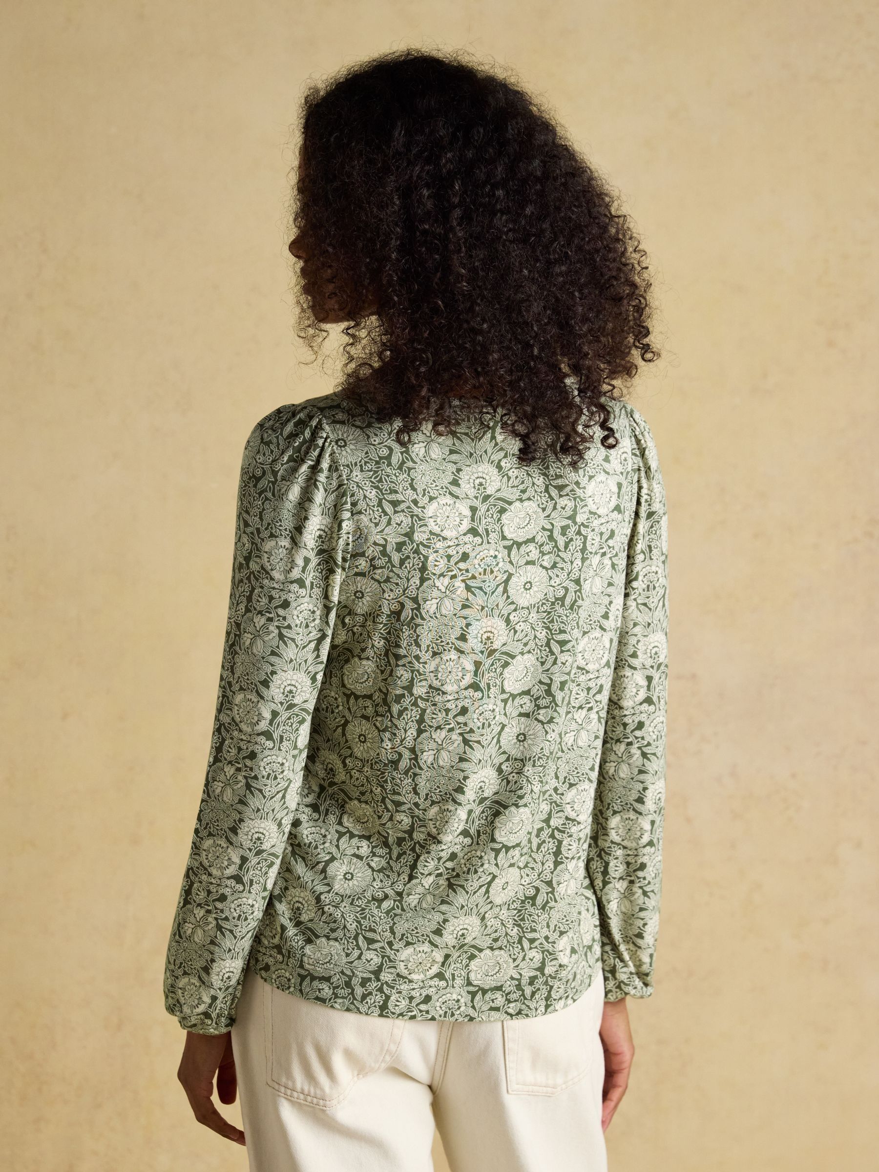 Nia Khaki Floral Long Sleeve Pleated Front Jersey Top - Image 2 of 7