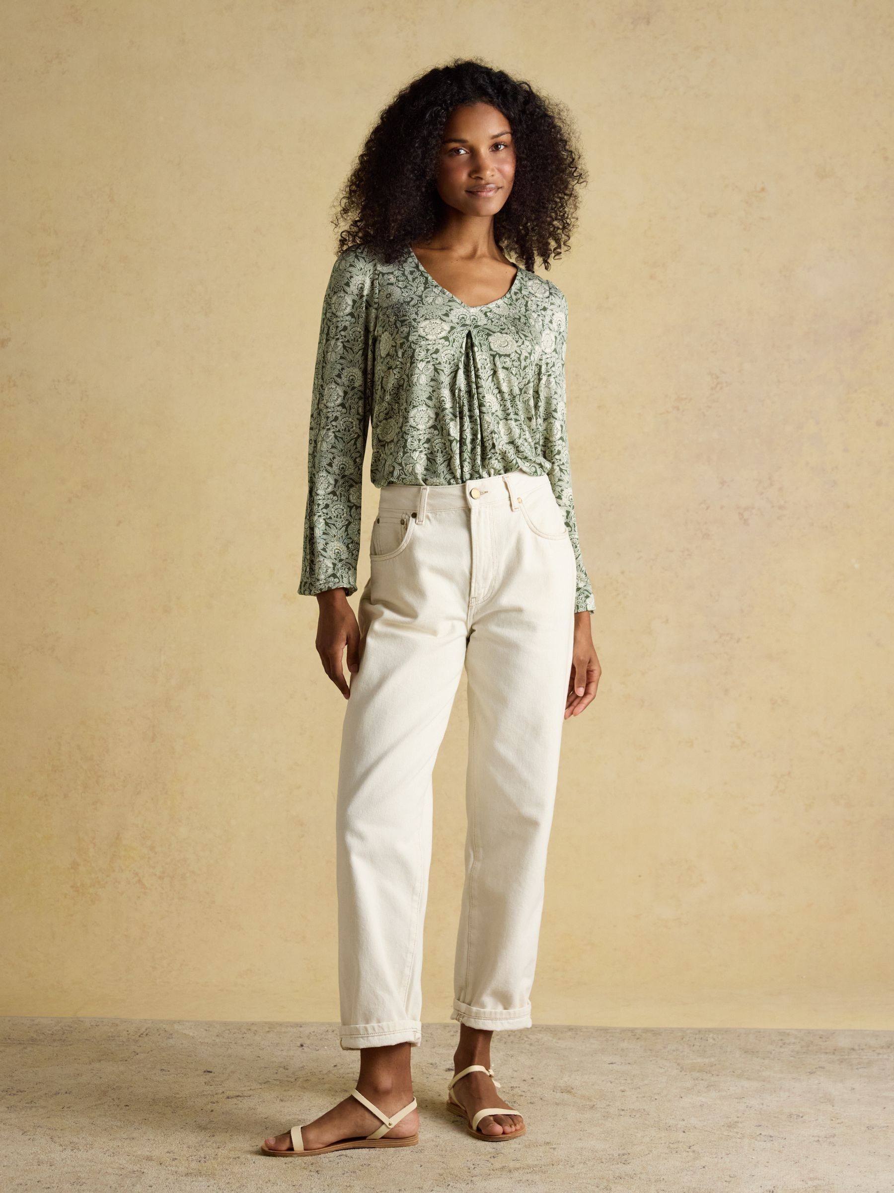 Nia Khaki Floral Long Sleeve Pleated Front Jersey Top - Image 3 of 7