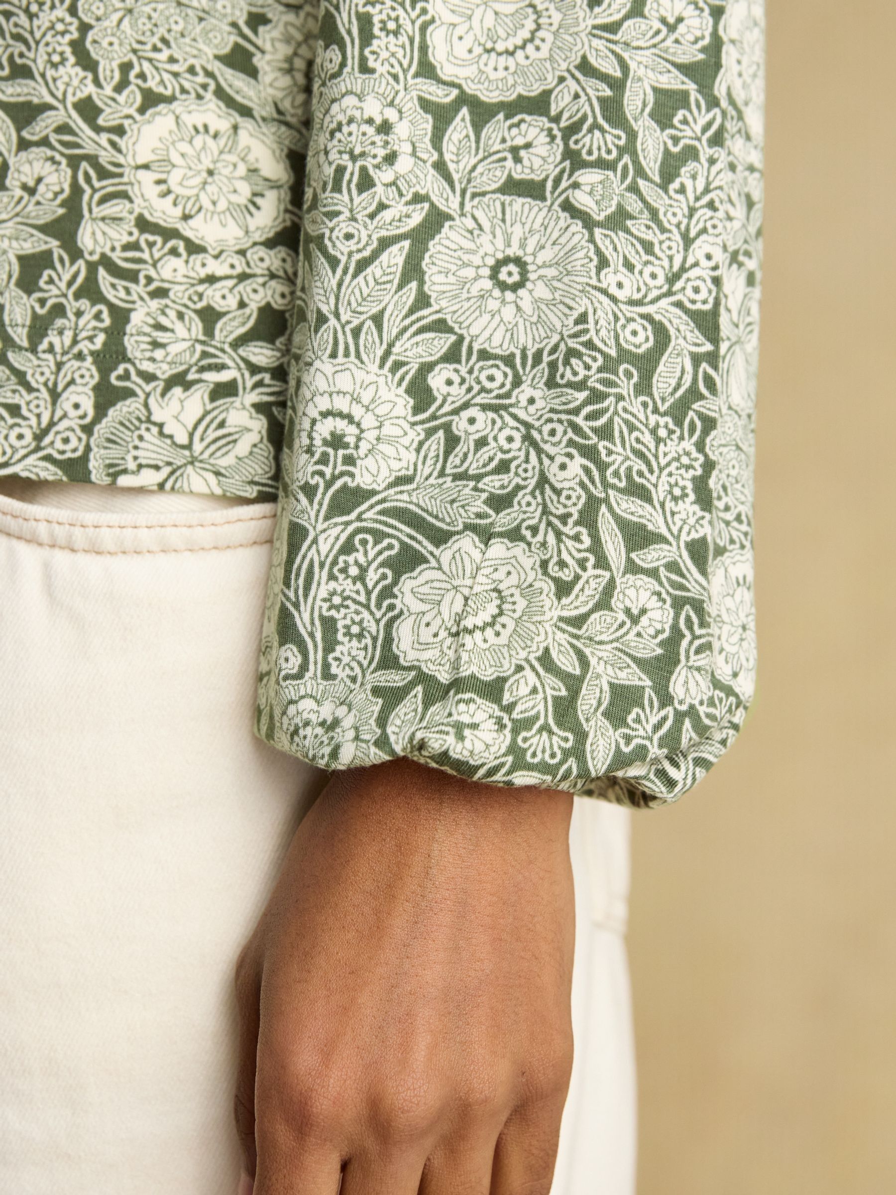 Nia Khaki Floral Long Sleeve Pleated Front Jersey Top - Image 4 of 7