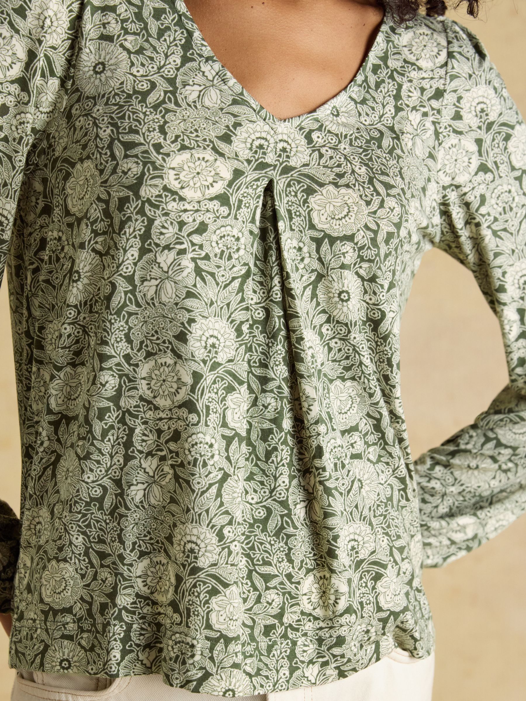 Nia Khaki Floral Long Sleeve Pleated Front Jersey Top - Image 6 of 7