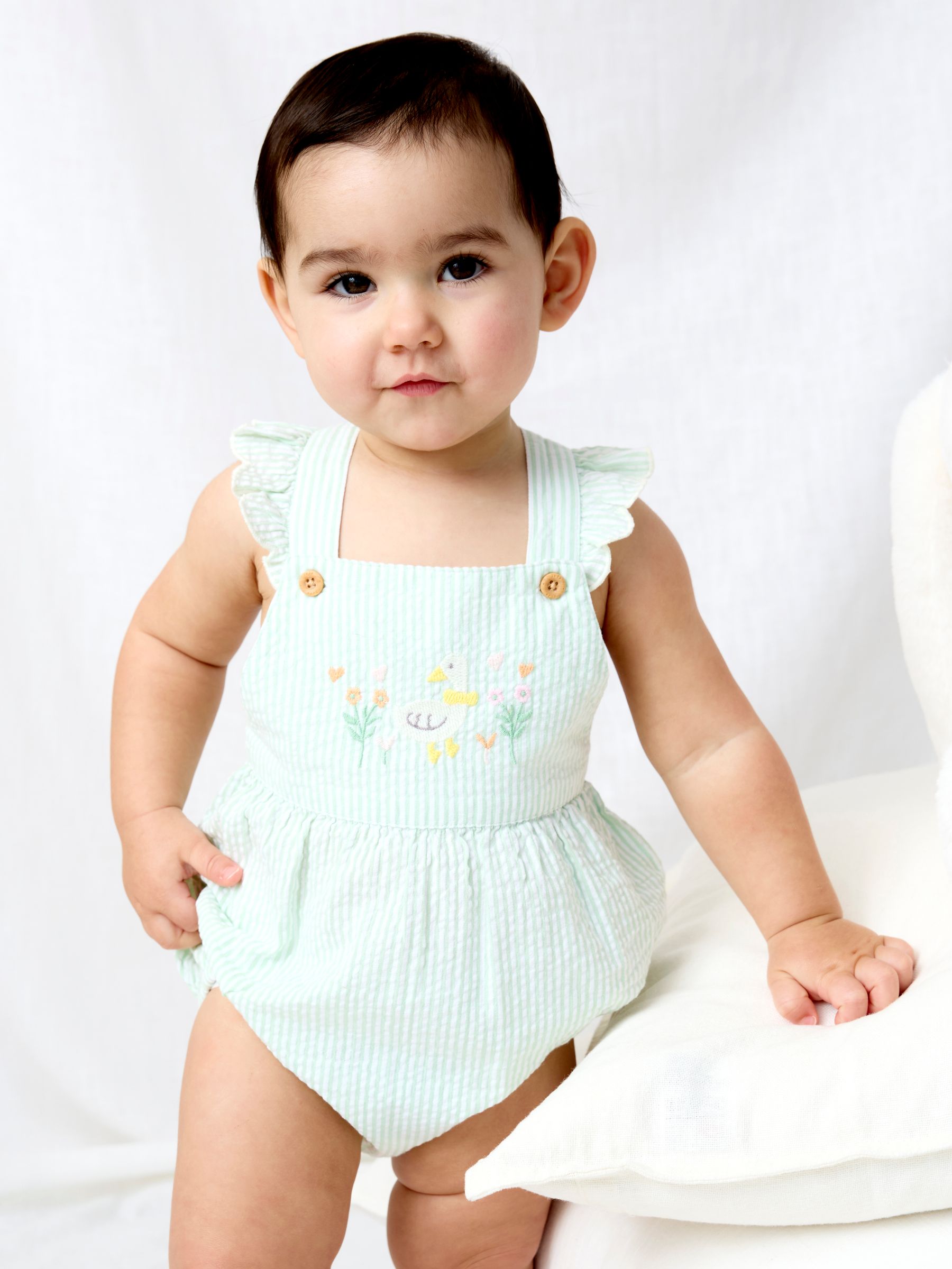 Green Duck Stripe Frill Romper - Image 1 of 5 Green Duck Stripe Frill Romper - Image 1 of 5