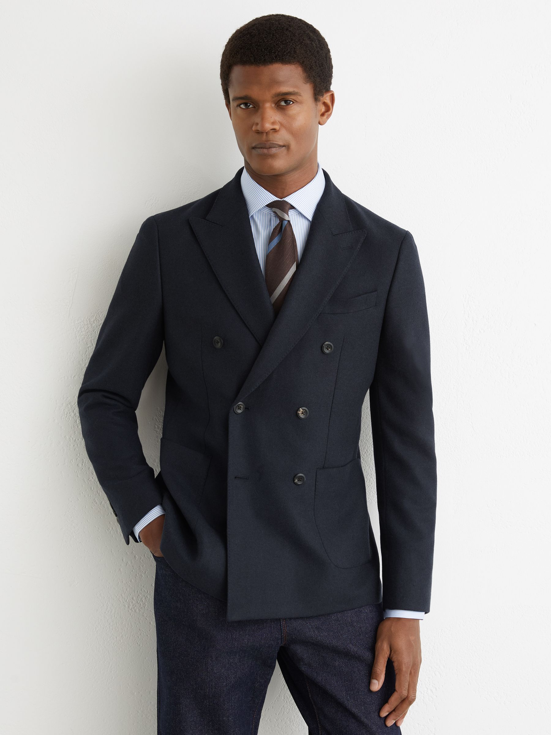 Flannel Double-Breasted Blazer Tailored-Fit with Wool in Navy - Image 1 of 8