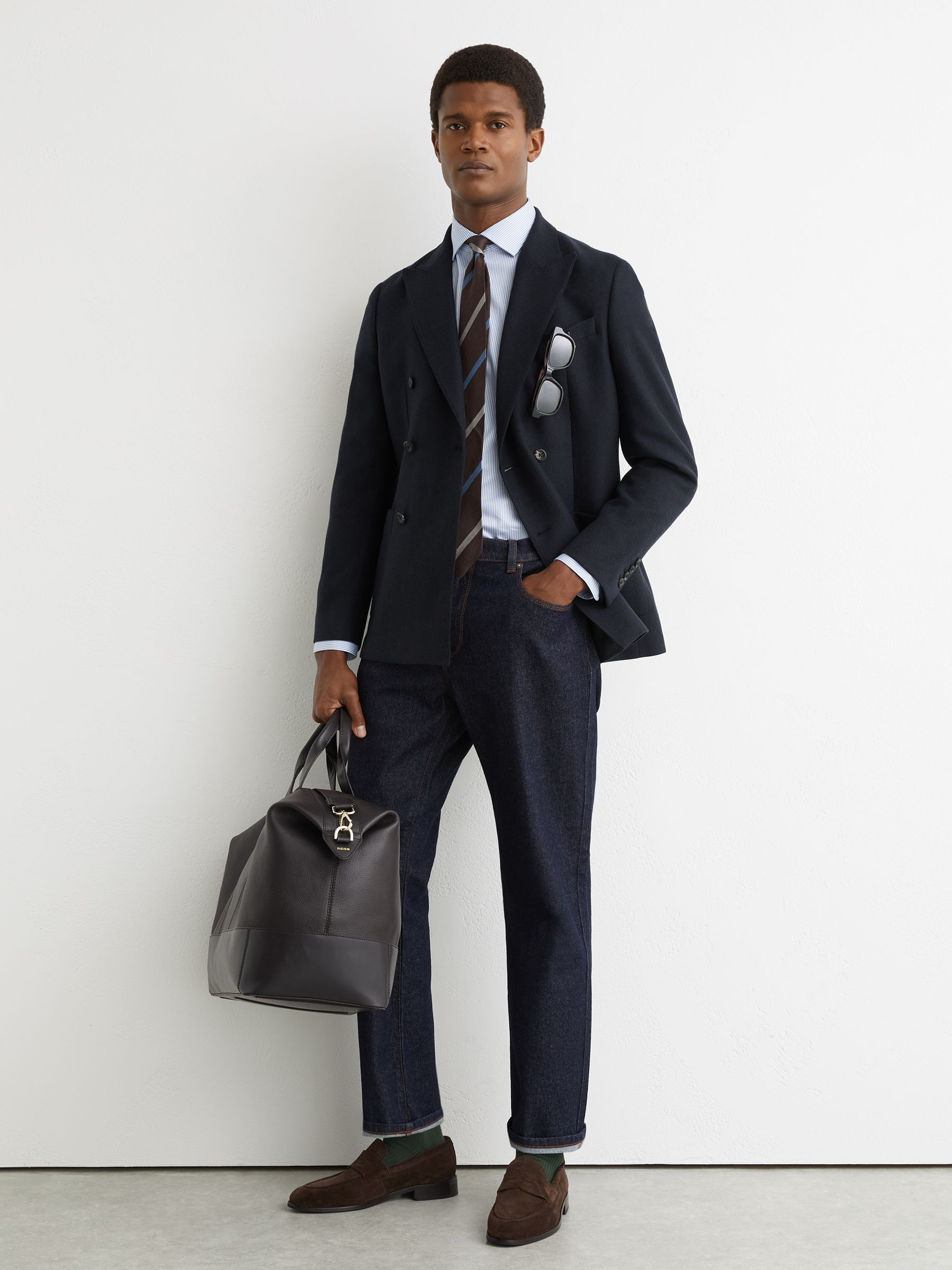 Flannel Double-Breasted Blazer Tailored-Fit with Wool in Navy - Image 3 of 8