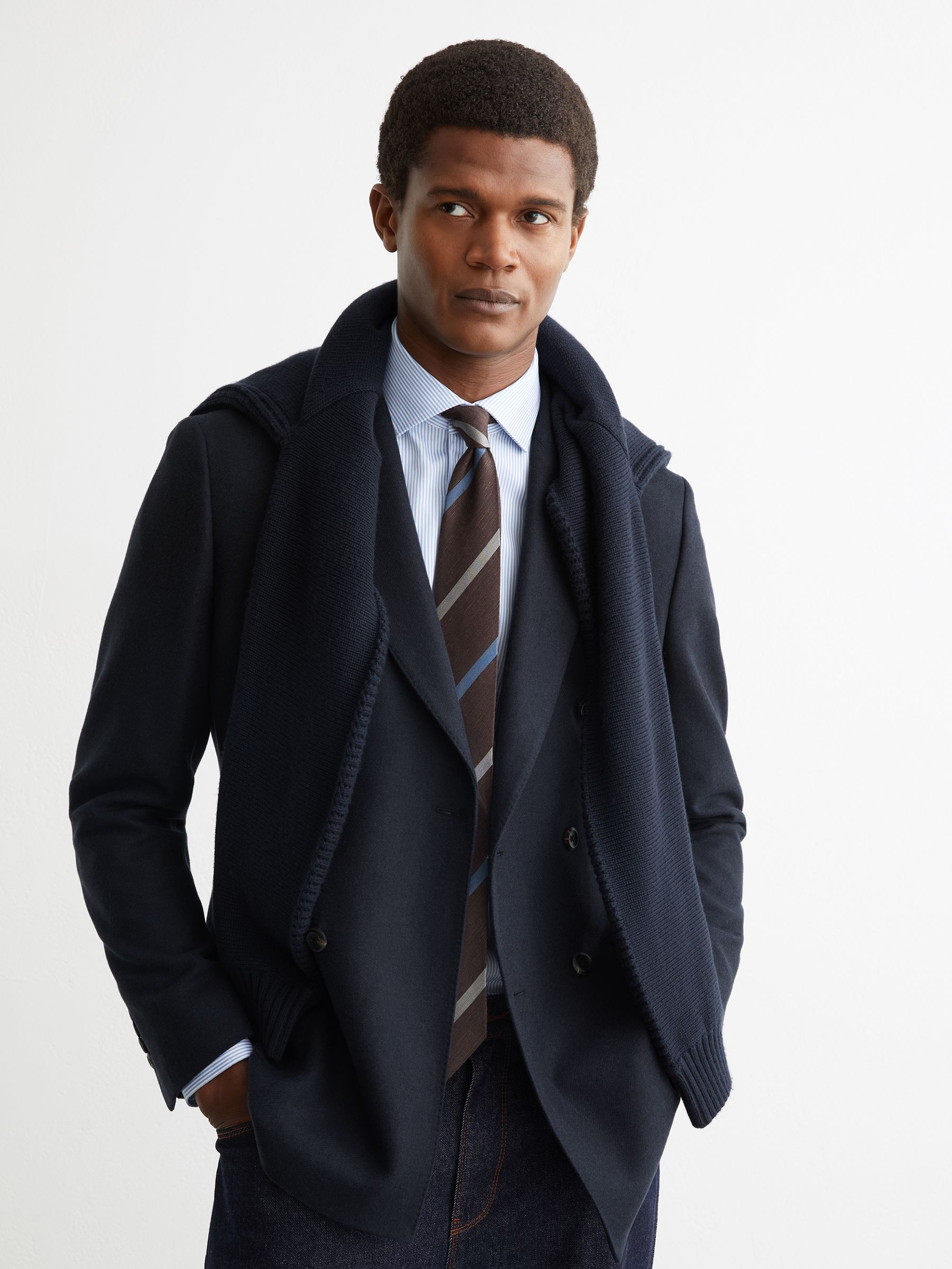 Flannel Double-Breasted Blazer Tailored-Fit with Wool in Navy - Image 6 of 8
