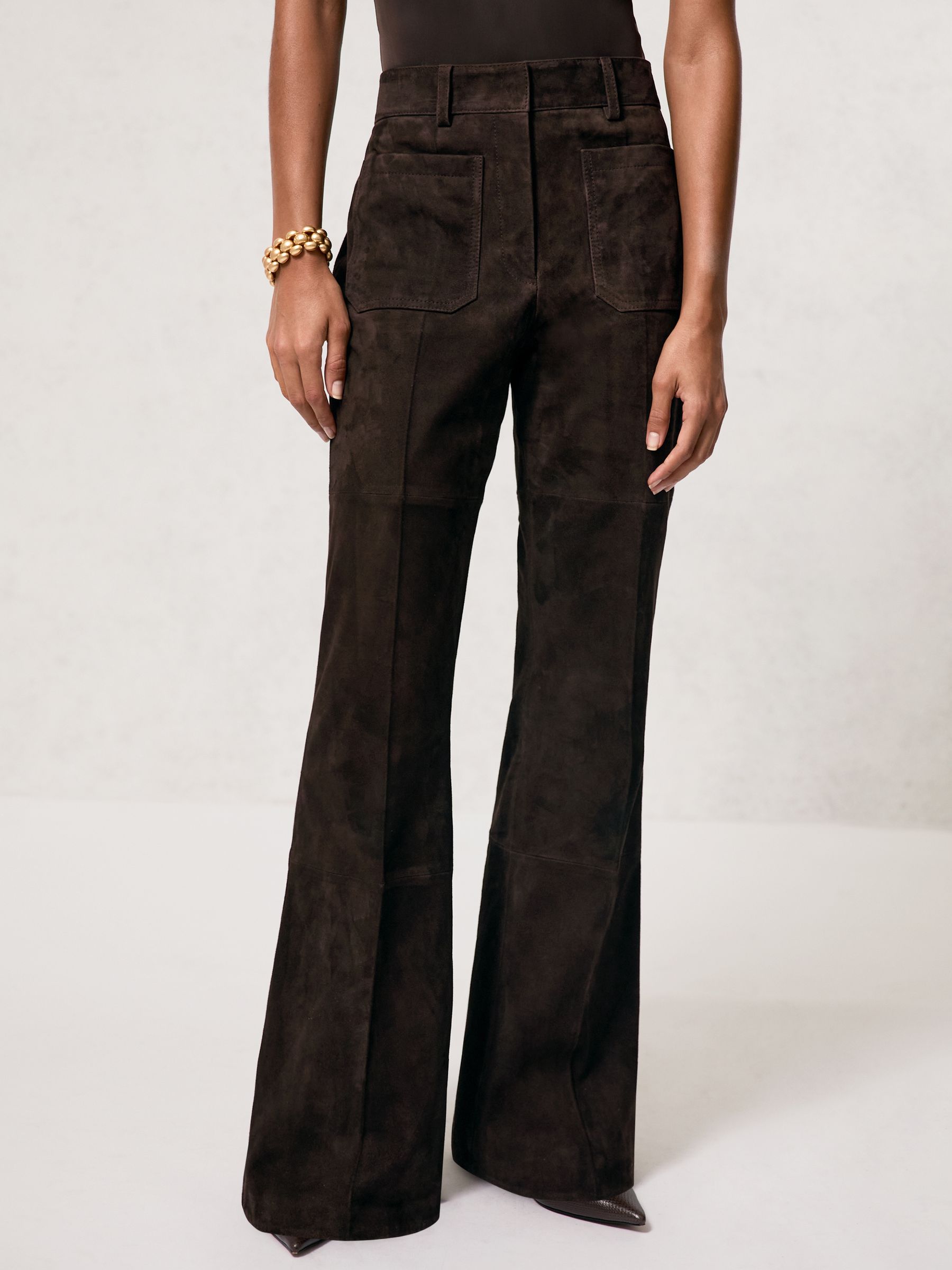 Suede High-Rise Flared Trousers in Chocolate Brown - Image 3 of 7