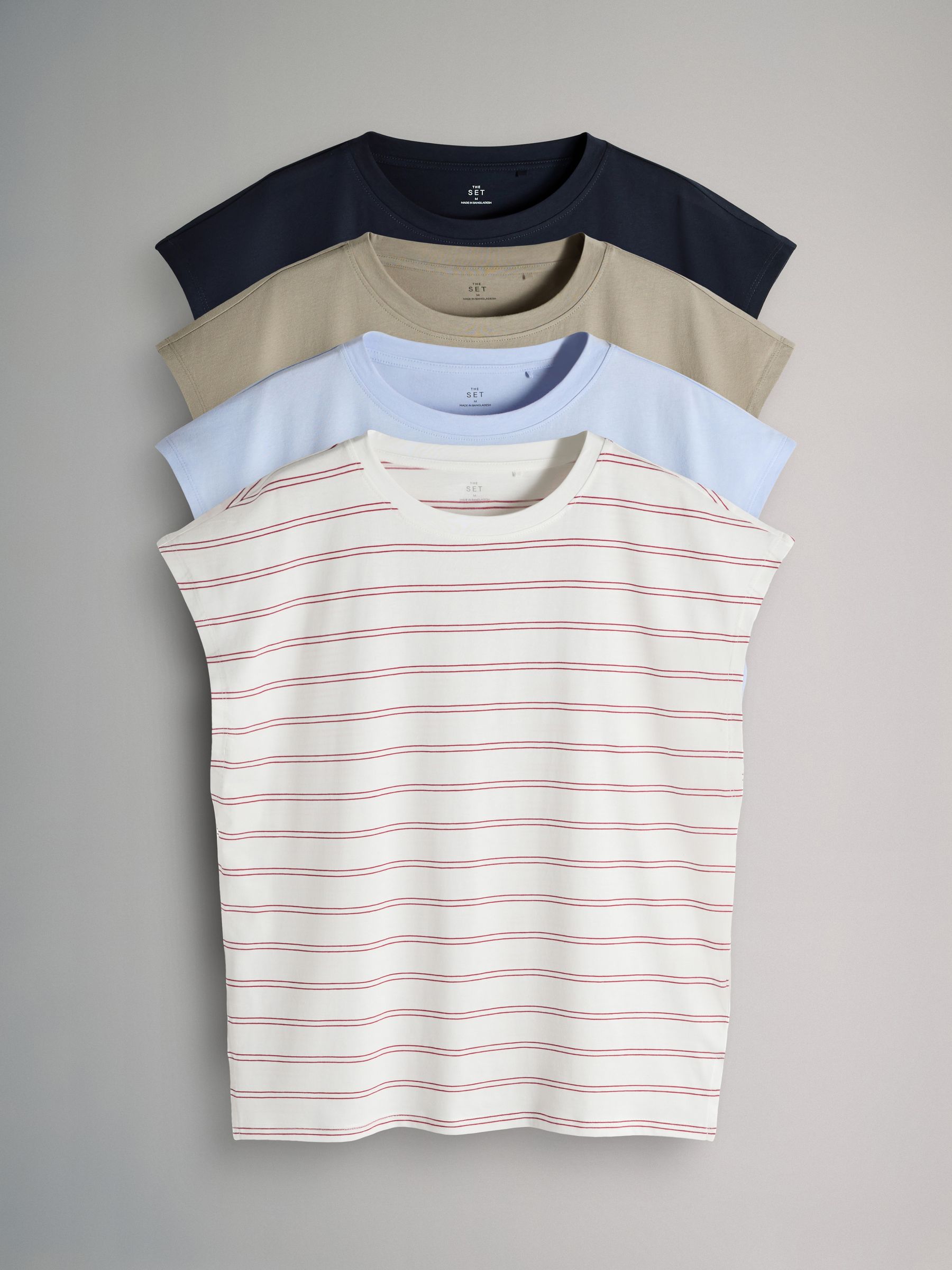 4 Pack Cap Sleeve T-Shirts Navy/Light Blue/Stone Brown/Stripe - Image 2 of 6