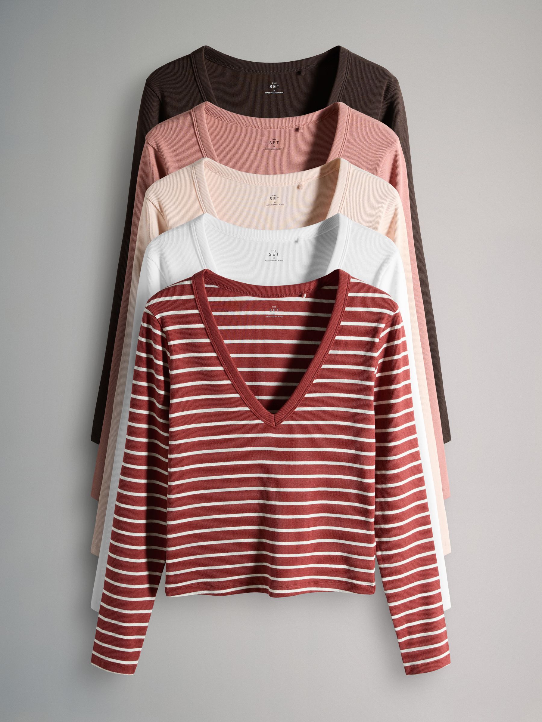 5 Pack Long Sleeve V-Neck Ribbed T-Shirts Pink/Brown/Stripe - Image 1 of 6
