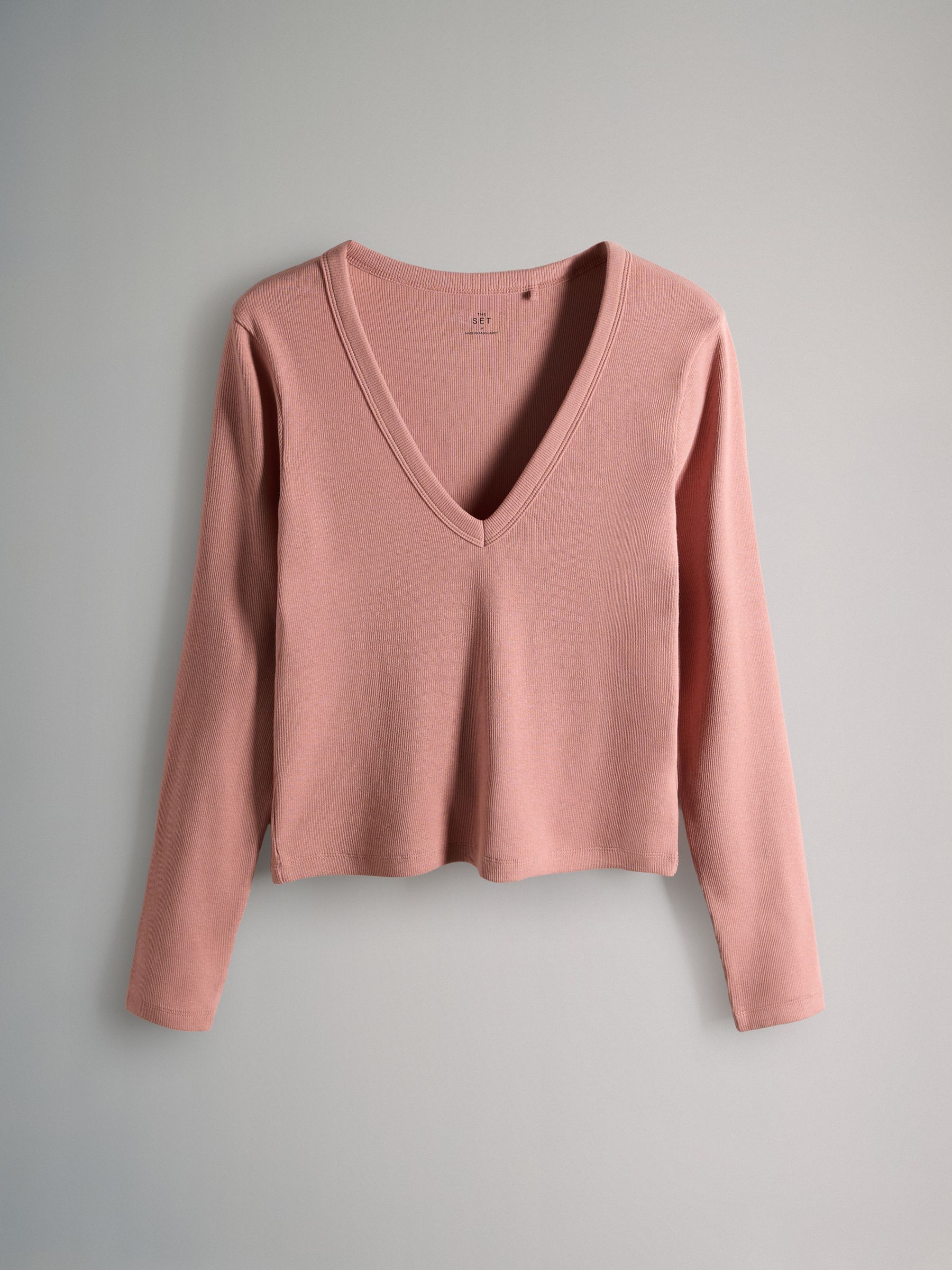 5 Pack Long Sleeve V-Neck Ribbed T-Shirts Pink/Brown/Stripe - Image 4 of 6