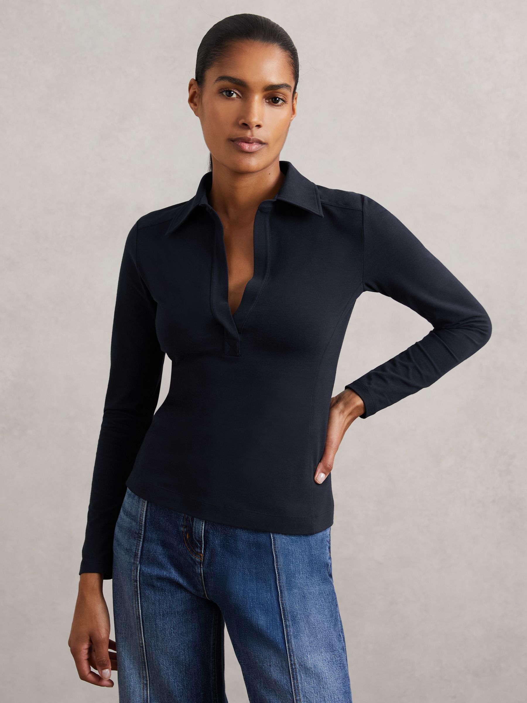 Stretch-Cotton Open-Collar Shirt in Navy - Image 4 of 6