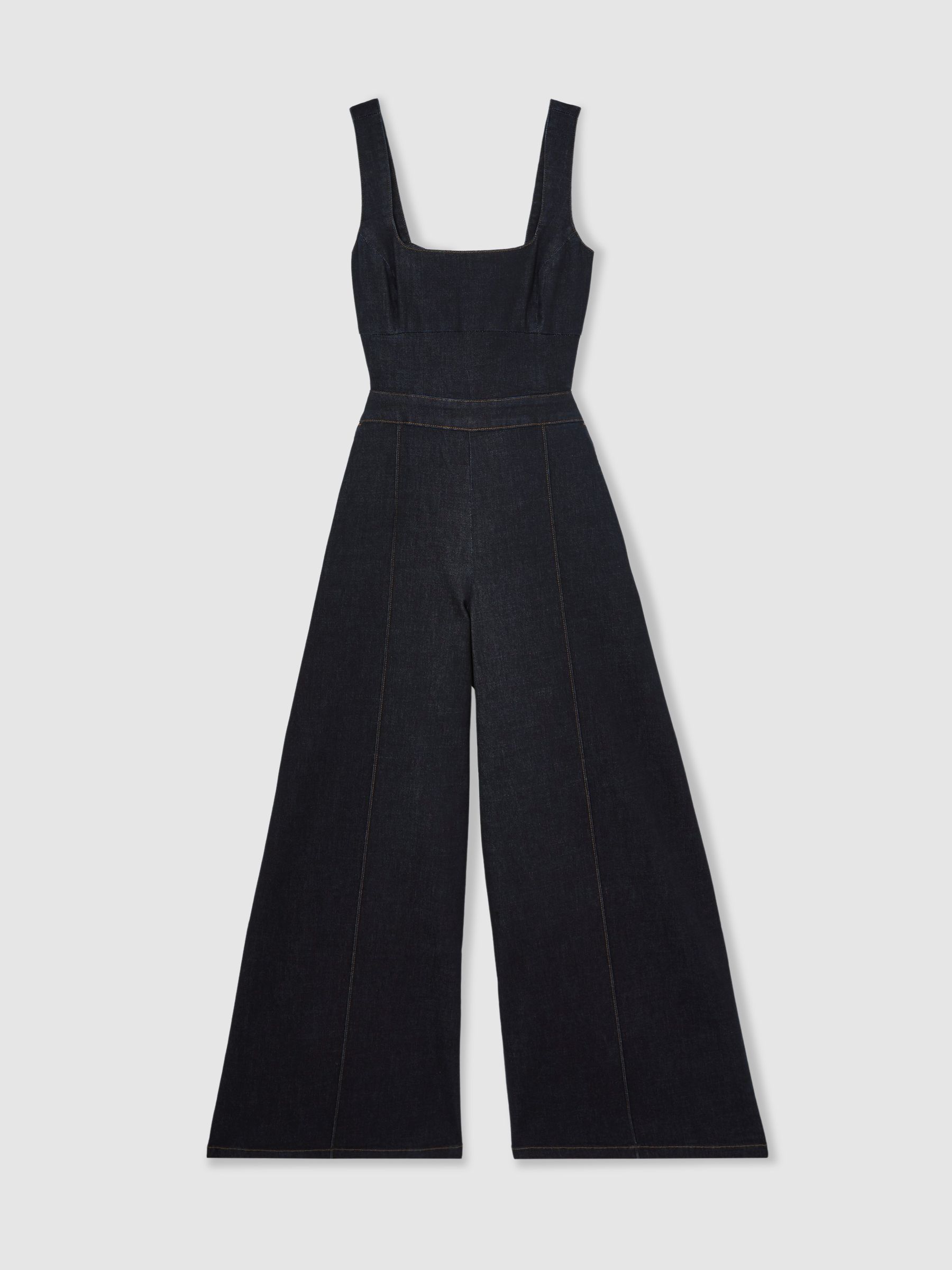 Denim-Jumpsuit mit weitem Beinausschnitt und Cut-Outs in Dunkelblau - Bild 2 von 7