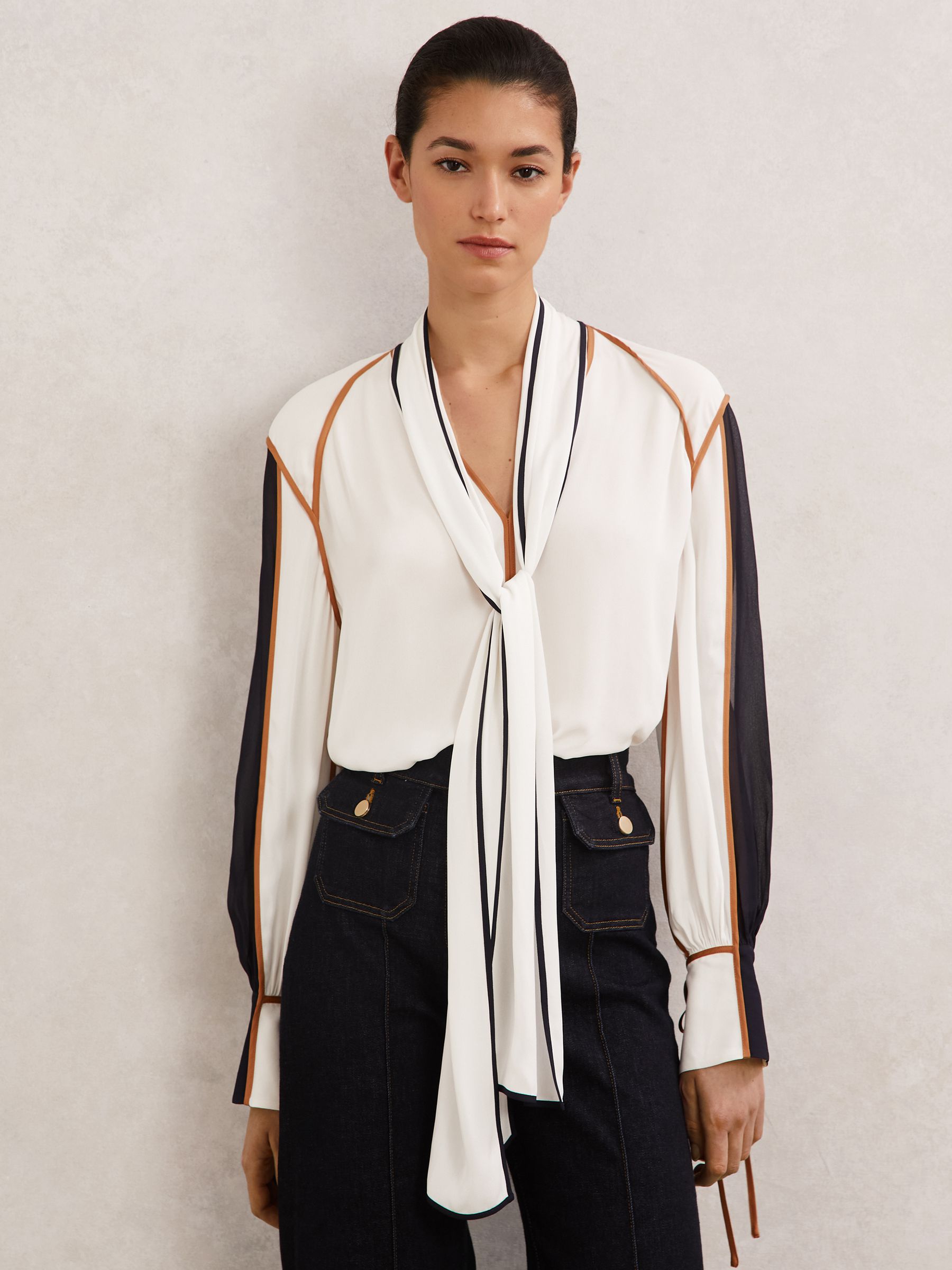 Tipped Tie-Neck Blouse in Ivory - Image 3 of 6