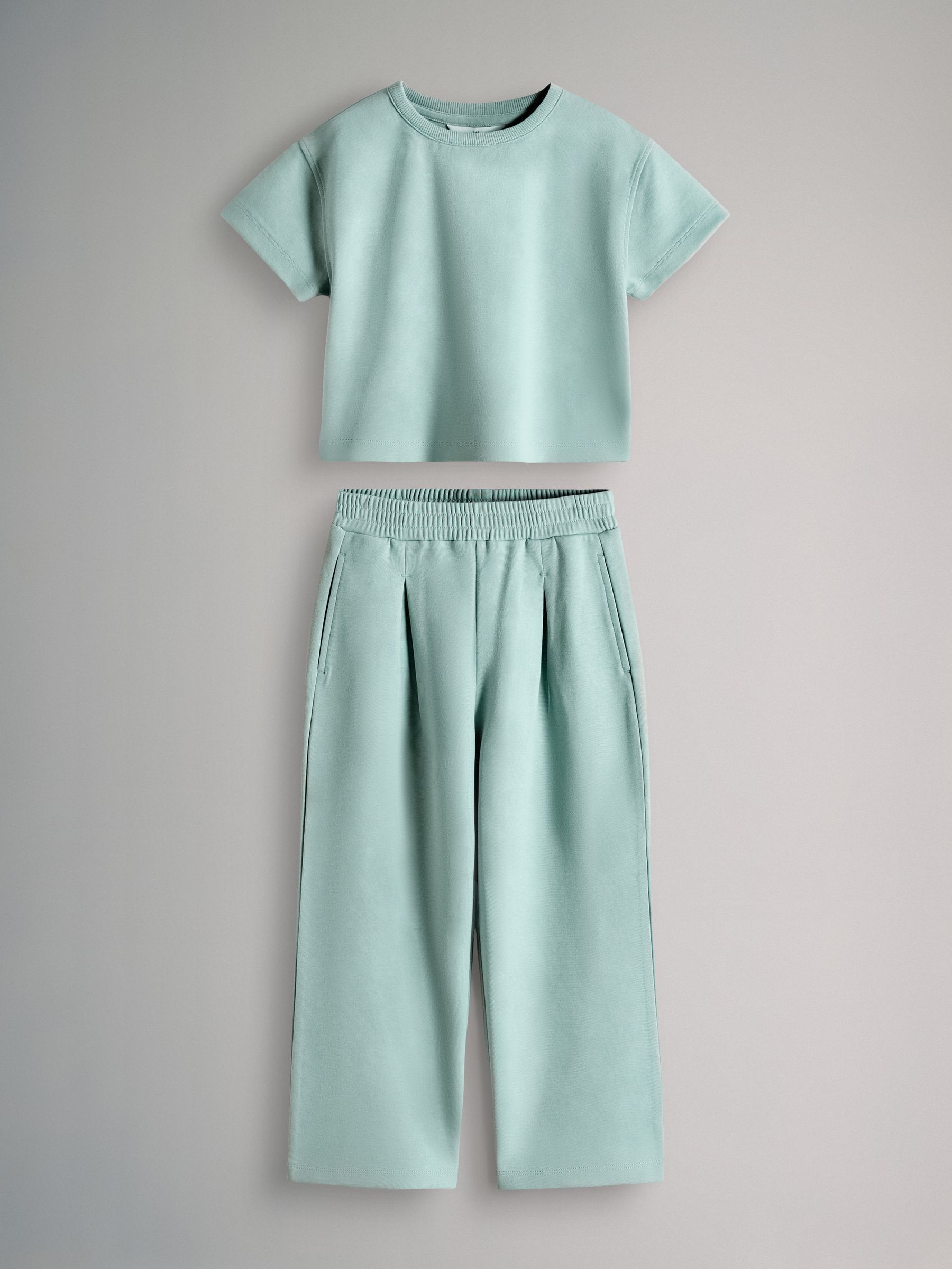 Teal Blue Interlock Cropped Short Sleeve T-Shirt and Wide Leg Joggers Set - Image 1 of 5