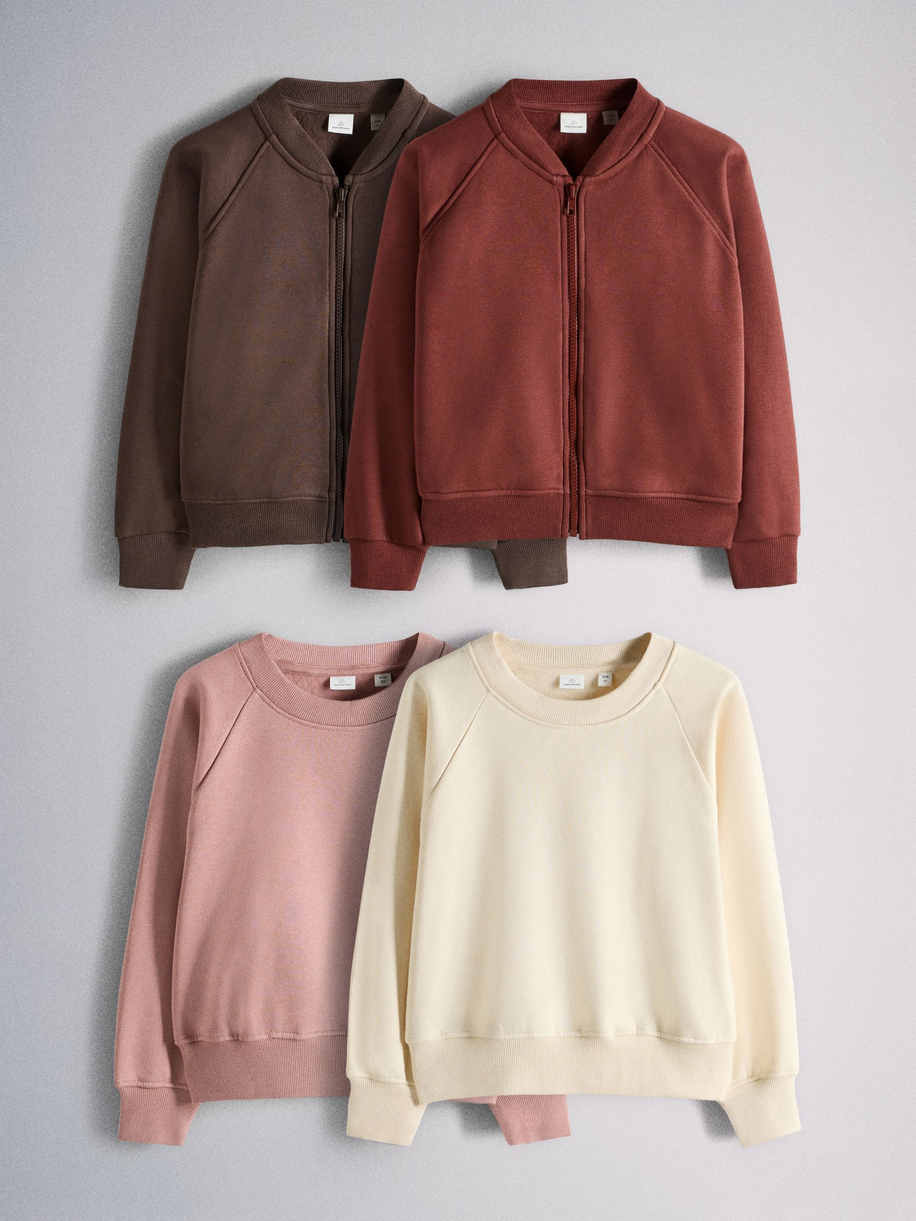 4 Pack Elasticated Hem Crews and Zip Through Bombers Brown/Cream/Pink - Image 1 of 6