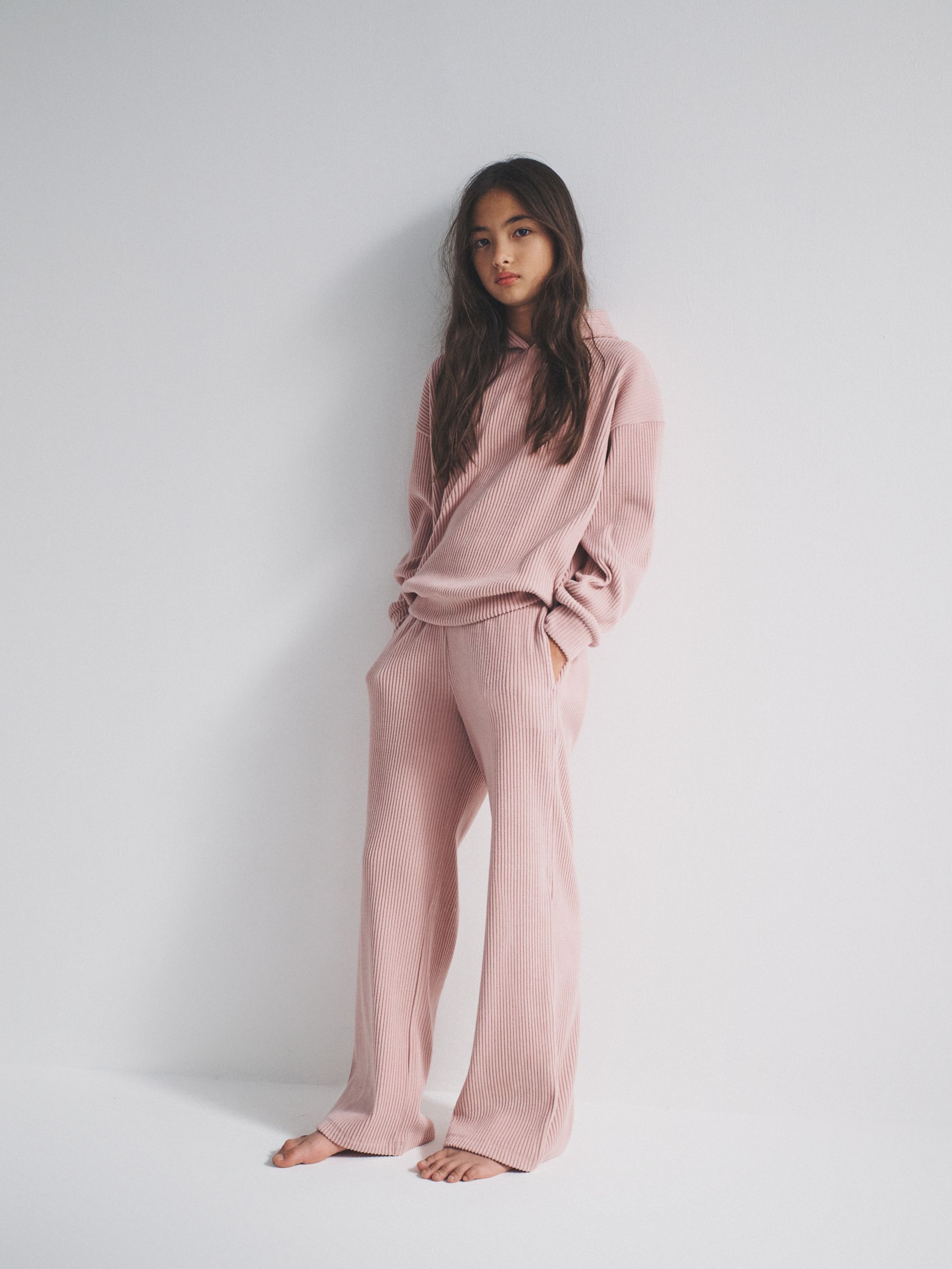 Pink Soft Touch Rib Relaxed Hoodie Wide Leg Jogger Set - Image 1 of 6
