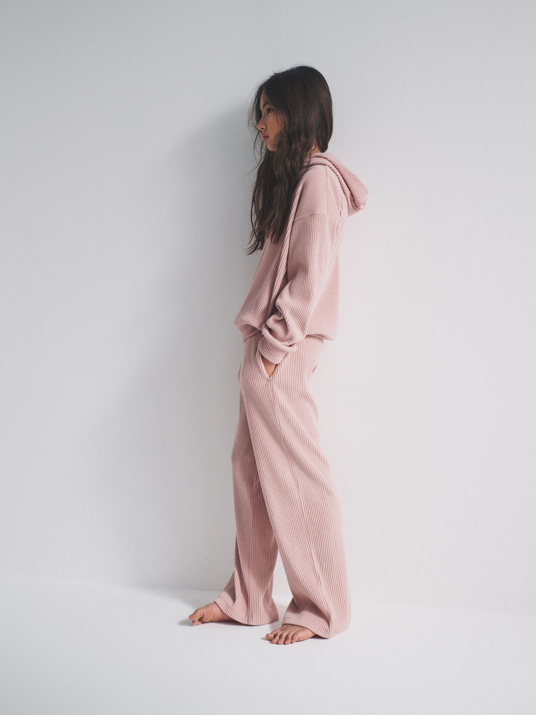 Pink Soft Touch Rib Relaxed Hoodie Wide Leg Jogger Set - Image 4 of 6