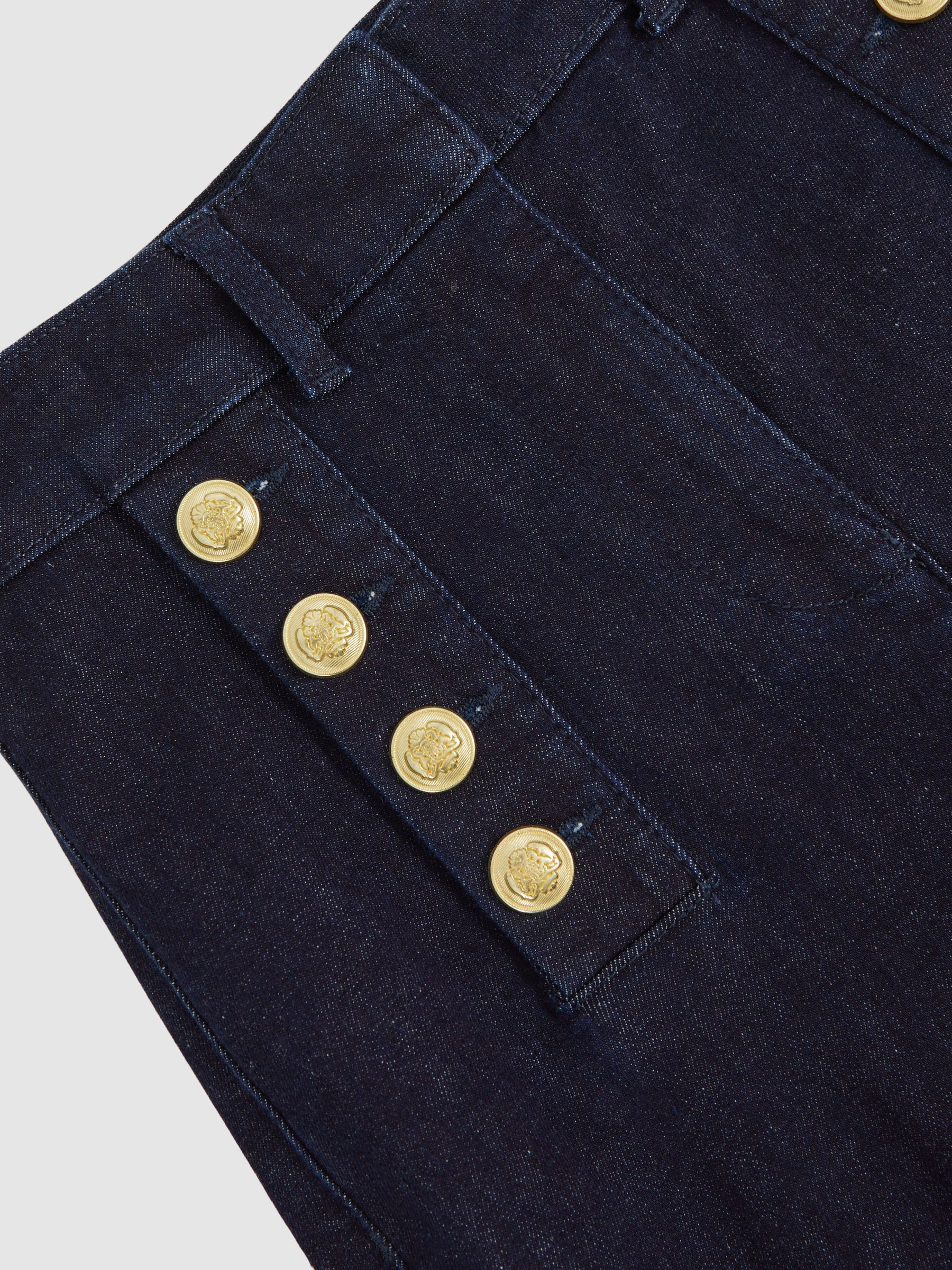 Petite Button-Detail High-Rise Flared Jeans in Dark Blue - Image 7 of 8
