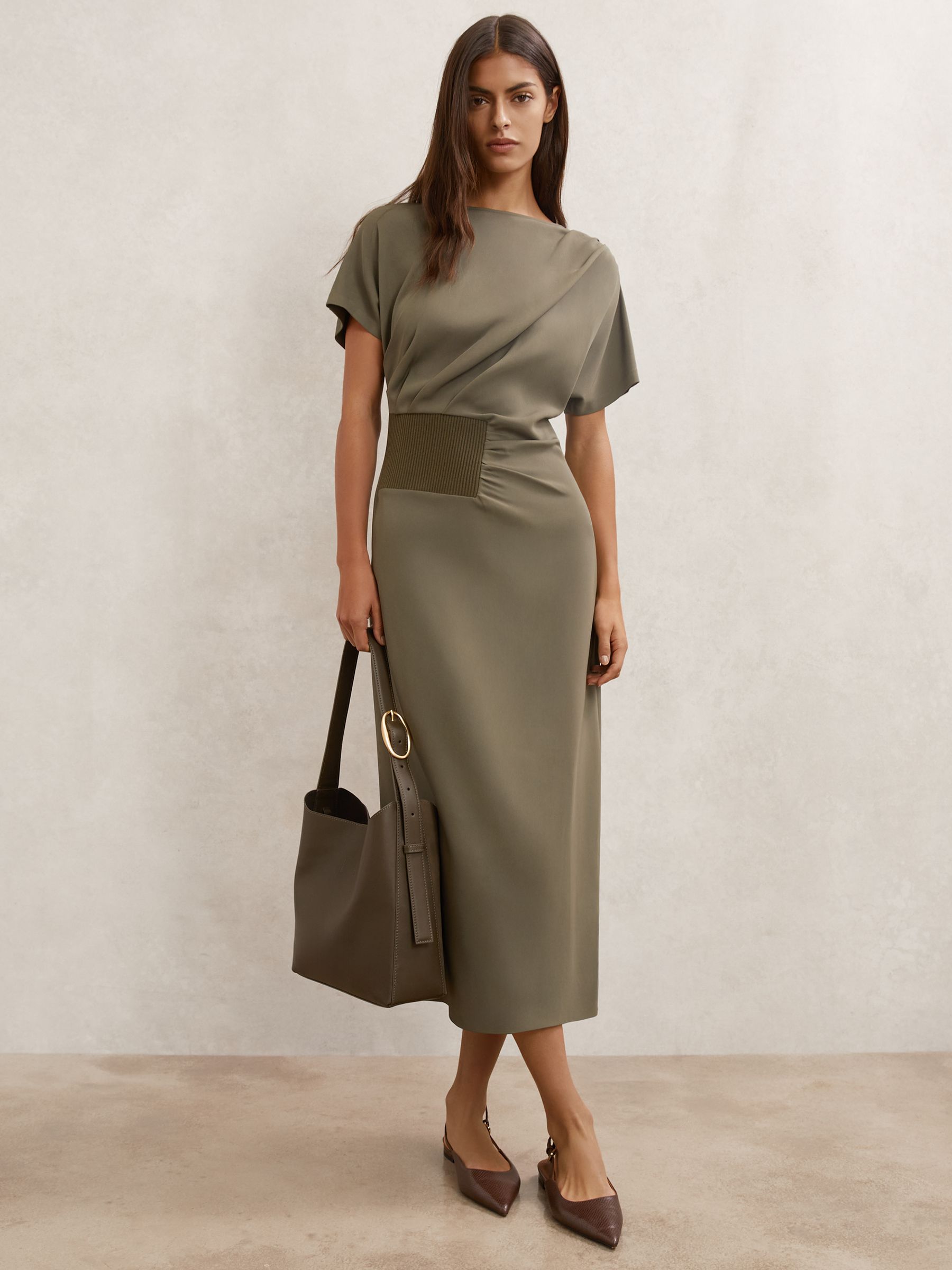 Ribbed-Panel Draped Midi Dress in Khaki Green - Image 1 of 5