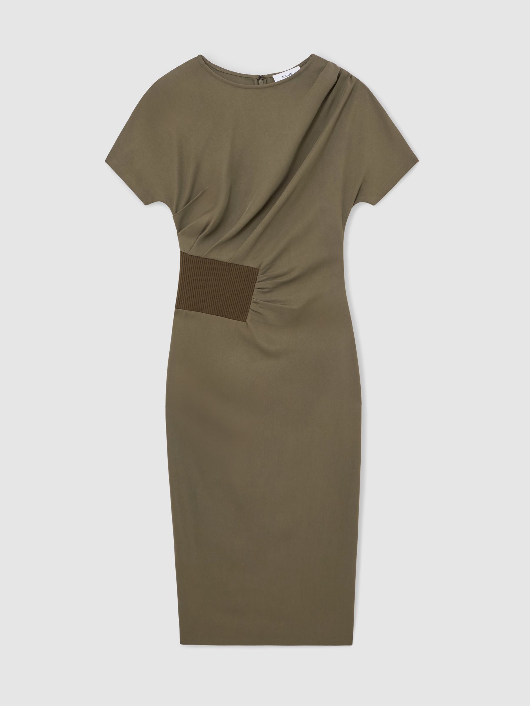 Ribbed-Panel Draped Midi Dress in Khaki Green