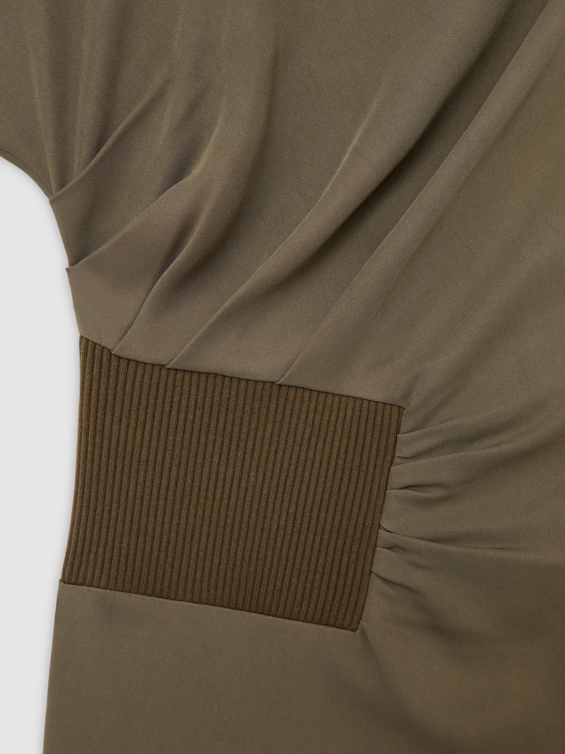 Ribbed-Panel Draped Midi Dress in Khaki Green - Image 5 of 5