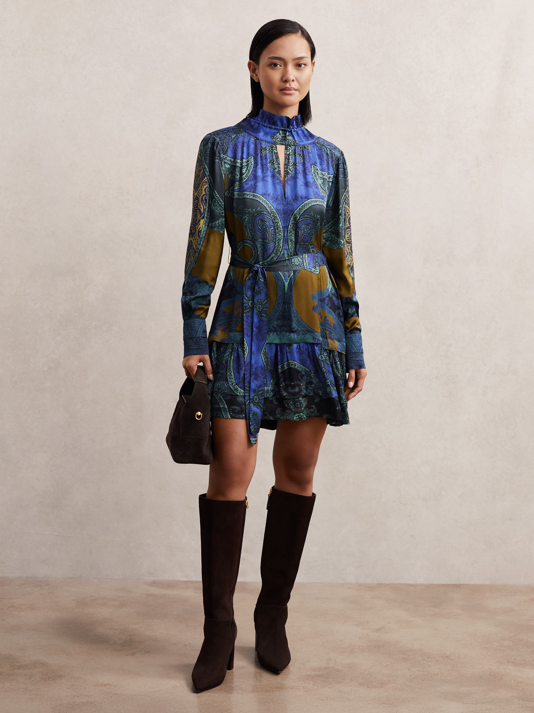 Paisley-Print Belted Mini Dress in Blue - Image 3 of 7