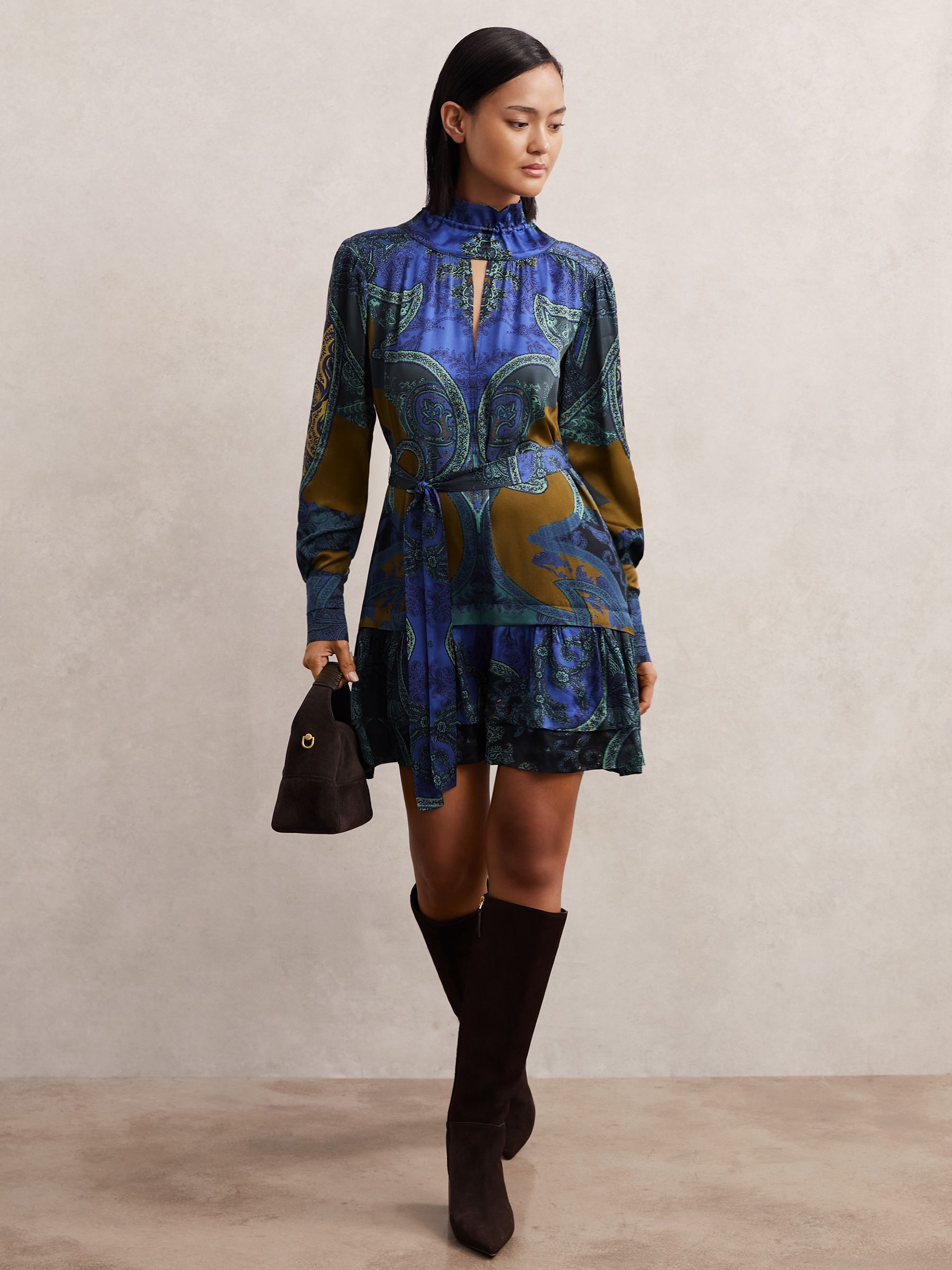 Paisley-Print Belted Mini Dress in Blue - Image 4 of 7