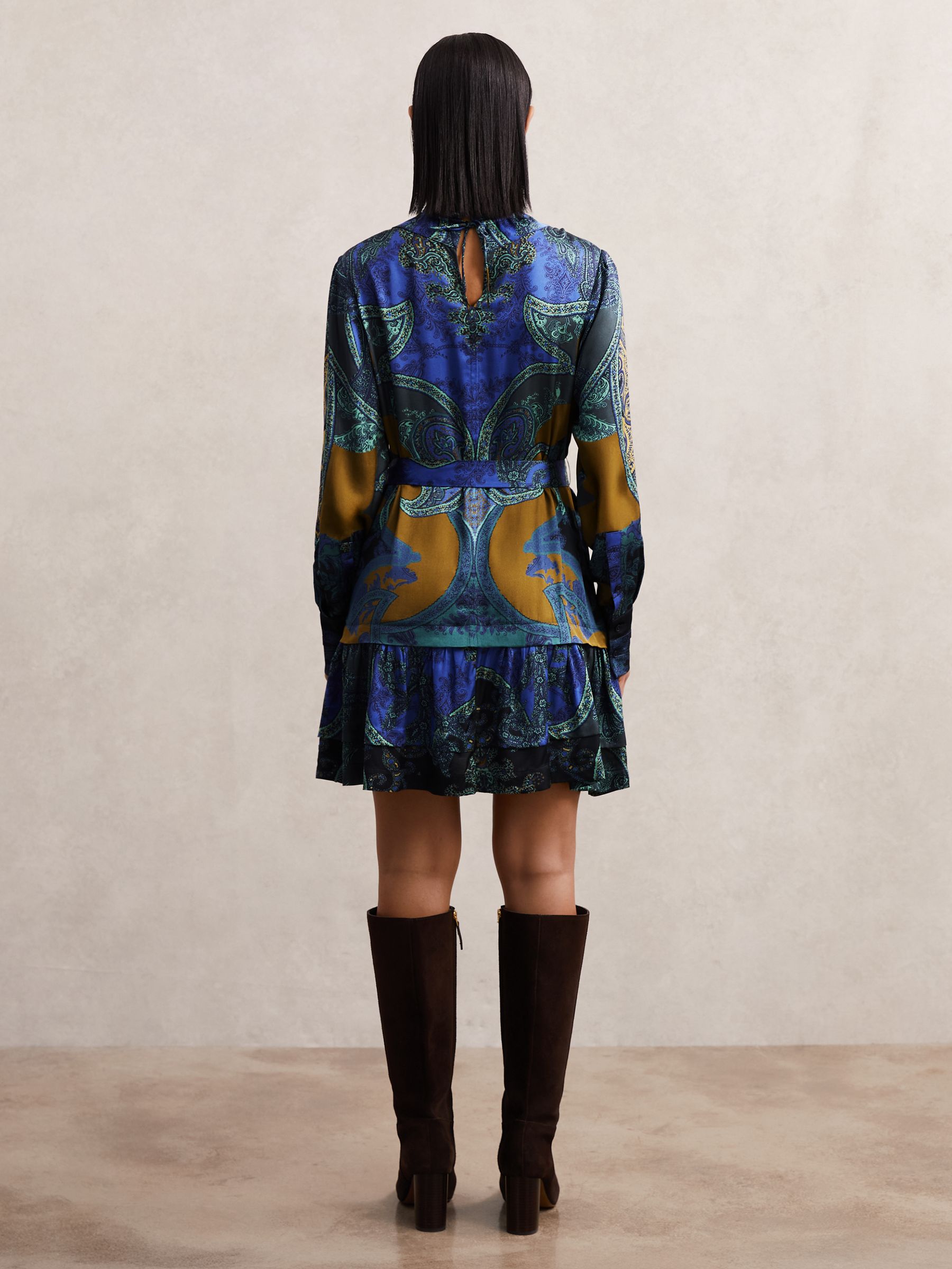 Paisley-Print Belted Mini Dress in Blue - image 4