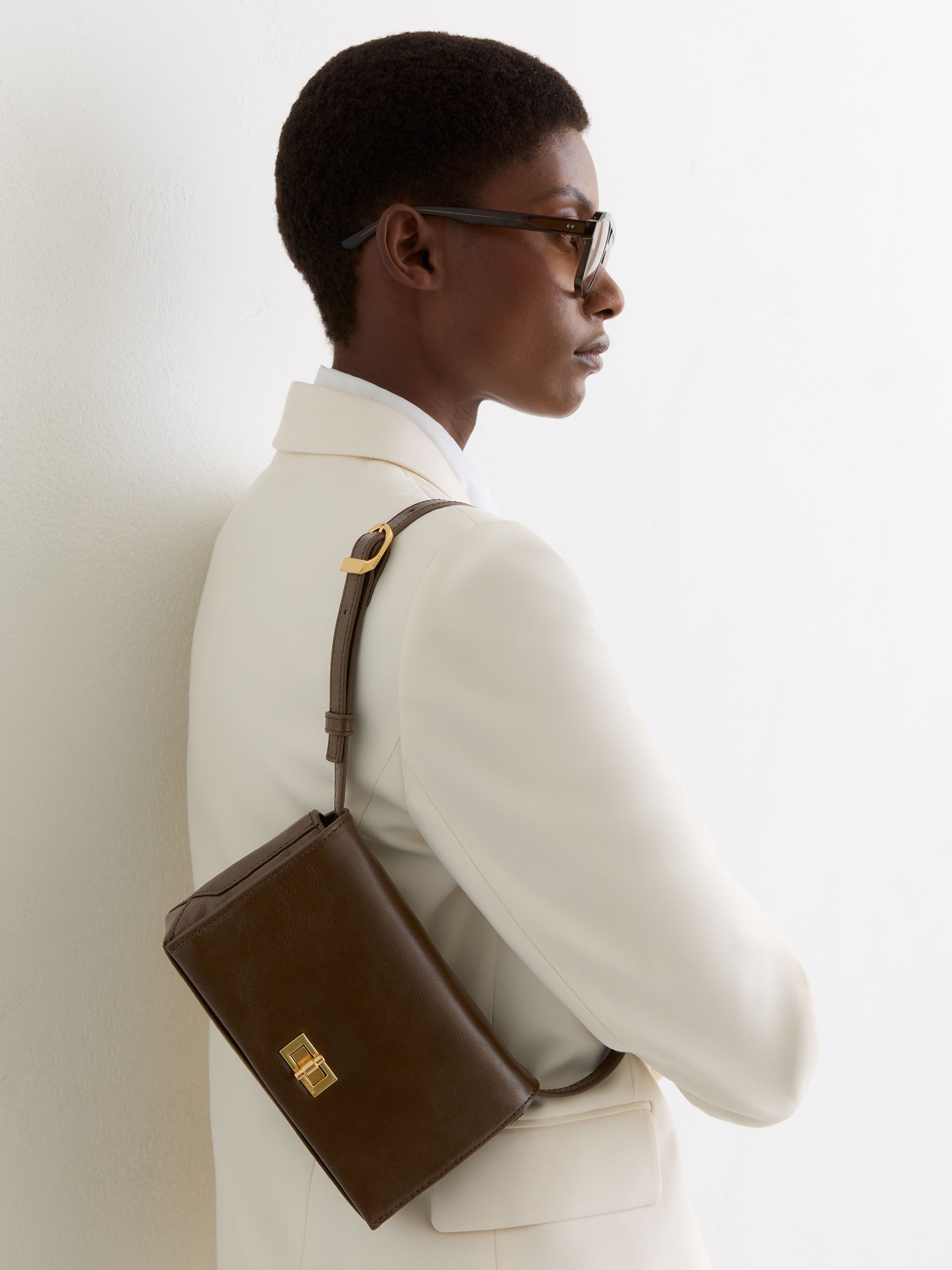 Leather Twist-Lock Shoulder Bag in Taupe - Image 1 of 7