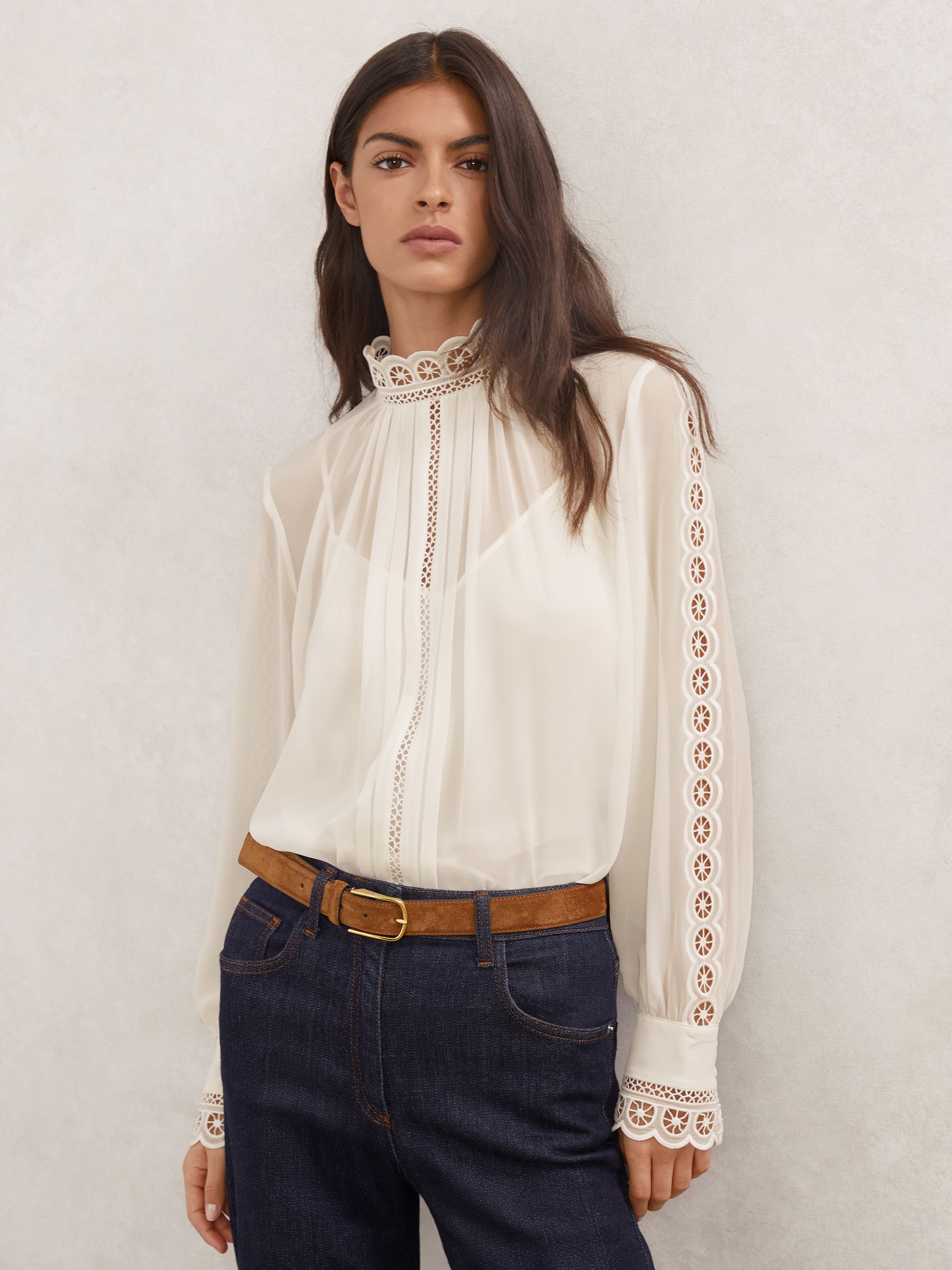 Lace-Trim Sheer Blouse in Cream - Image 1 of 6