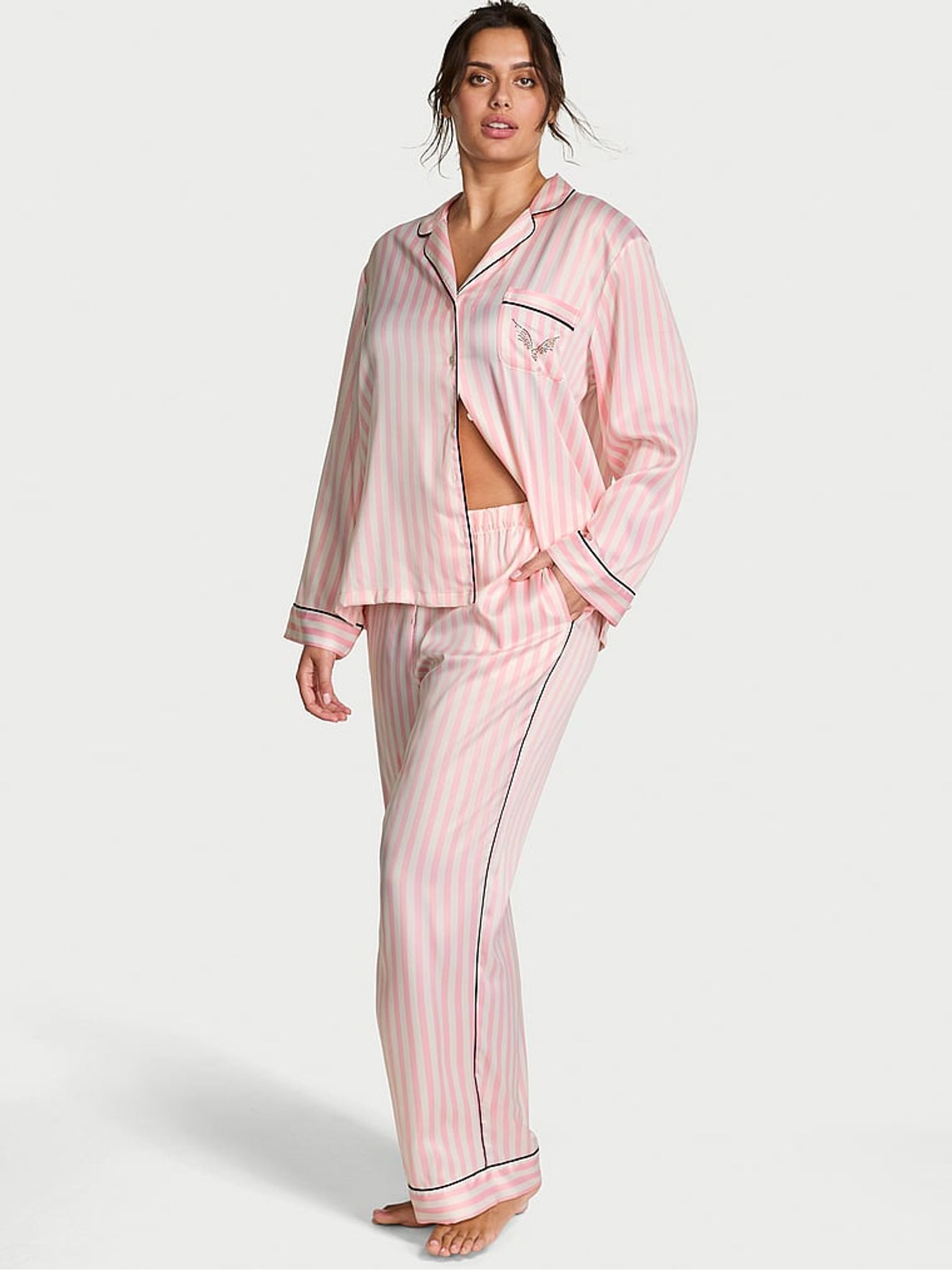 Pink Iconic Stripe Fashion Show Satin Long Pyjamas Set - Image 1 of 2