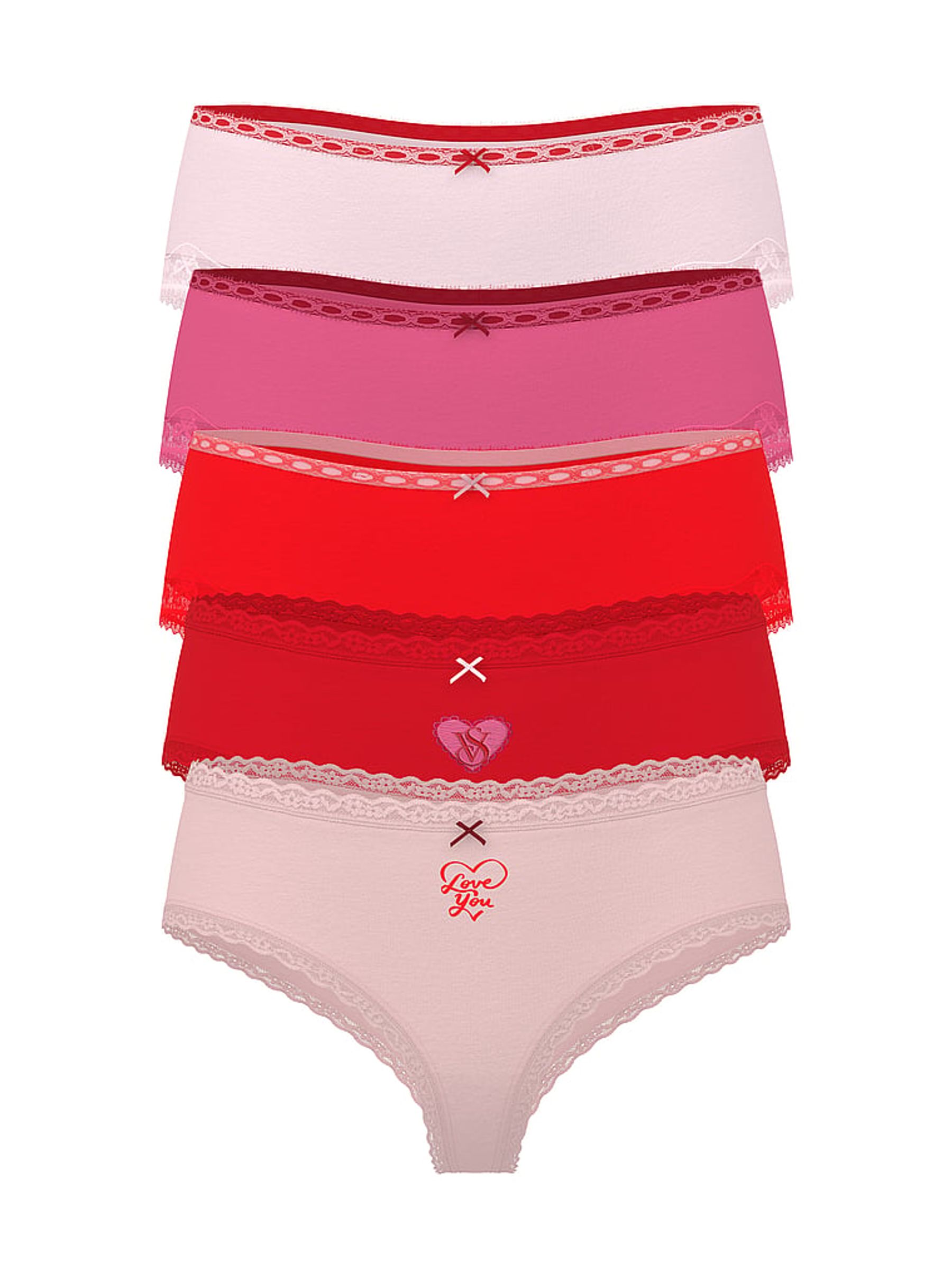 Red/Pink Cheeky 5 Pack Cotton Lace Trim Knickers - Image 1 of 1