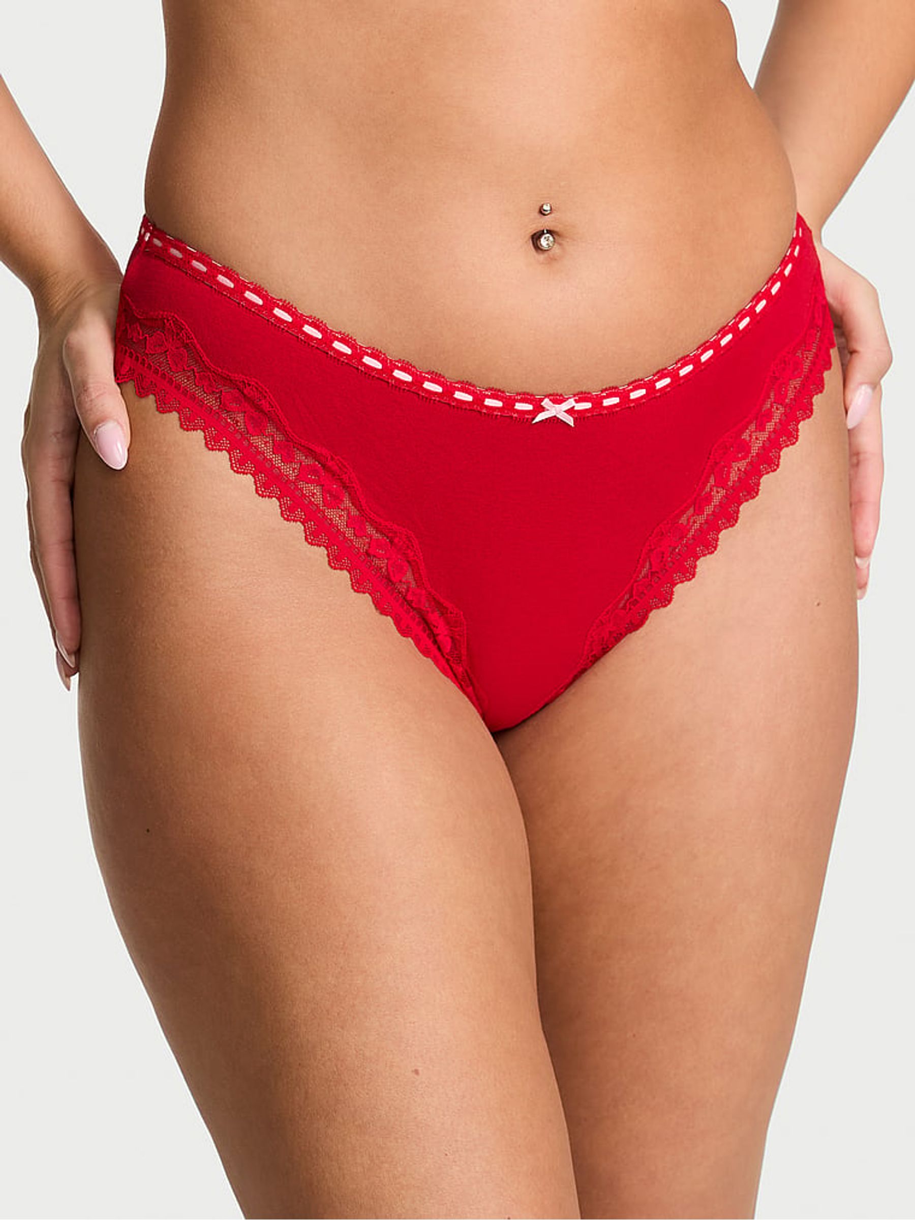 Lipstick Red Thong Cotton Bow Lace Trim Knickers - Image 1 of 2