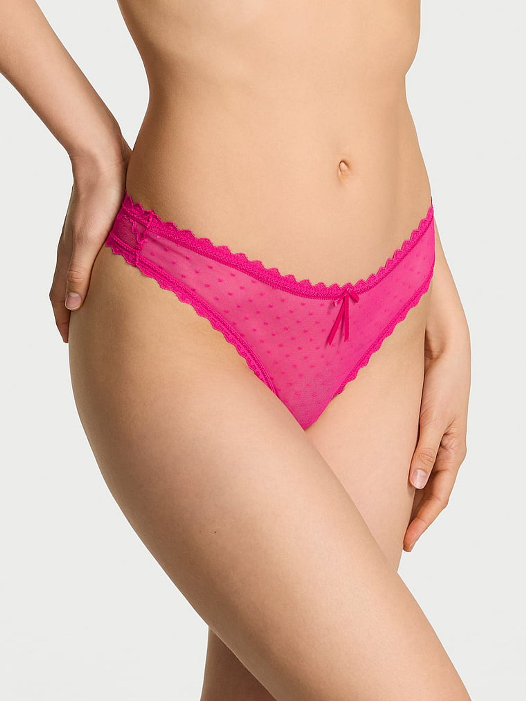 Pop Pink Thong Bow Lace Mesh Knickers - Image 1 of 2