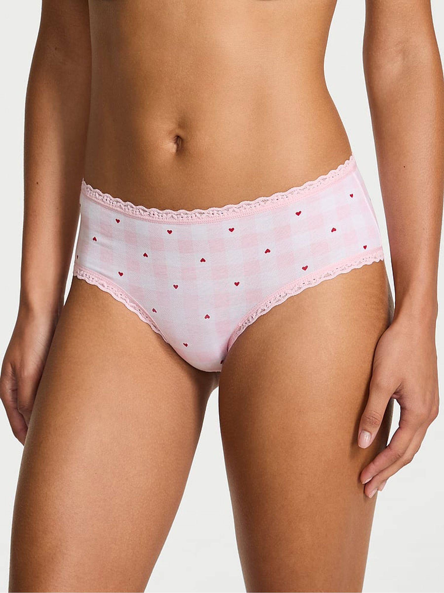 Pretty Blossom Pink Gingham Heart Cheeky Cotton Lace Trim Knickers - Image 1 of 2