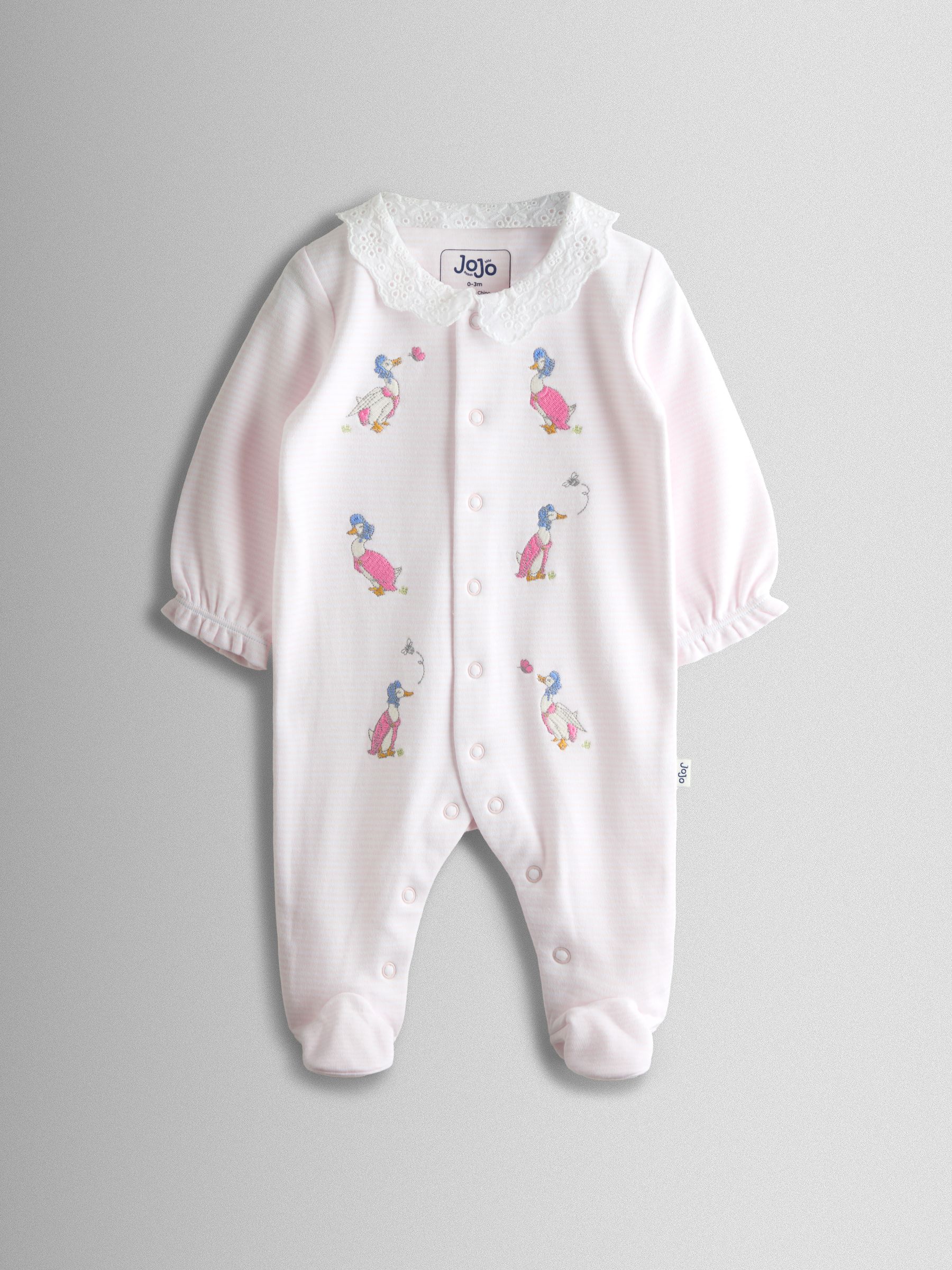 Pink Jemima Puddle-Duck Stripe Cotton Footed Embroidered Sleepsuit - Image 1 of 4