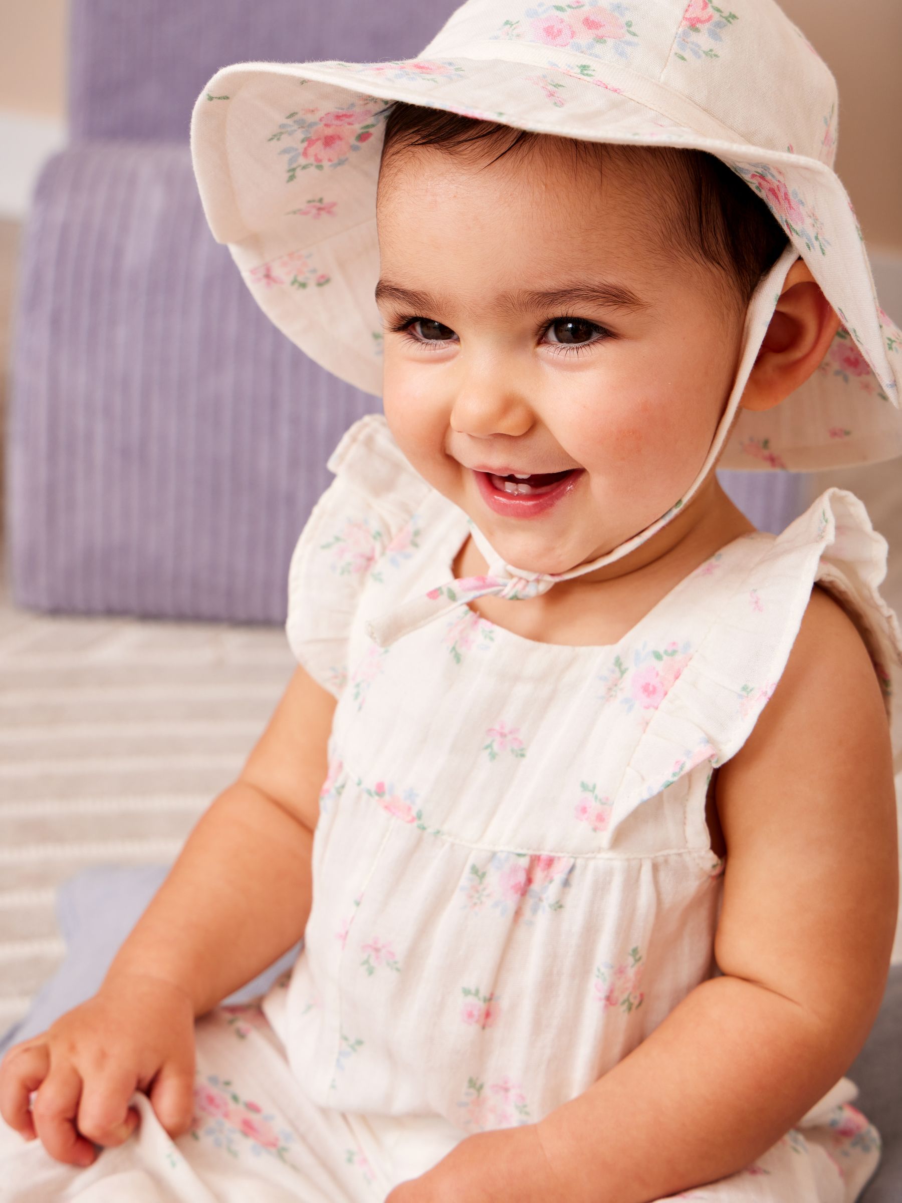 Cream Floral Frill Romper & Hat Set - Image 1 of 8