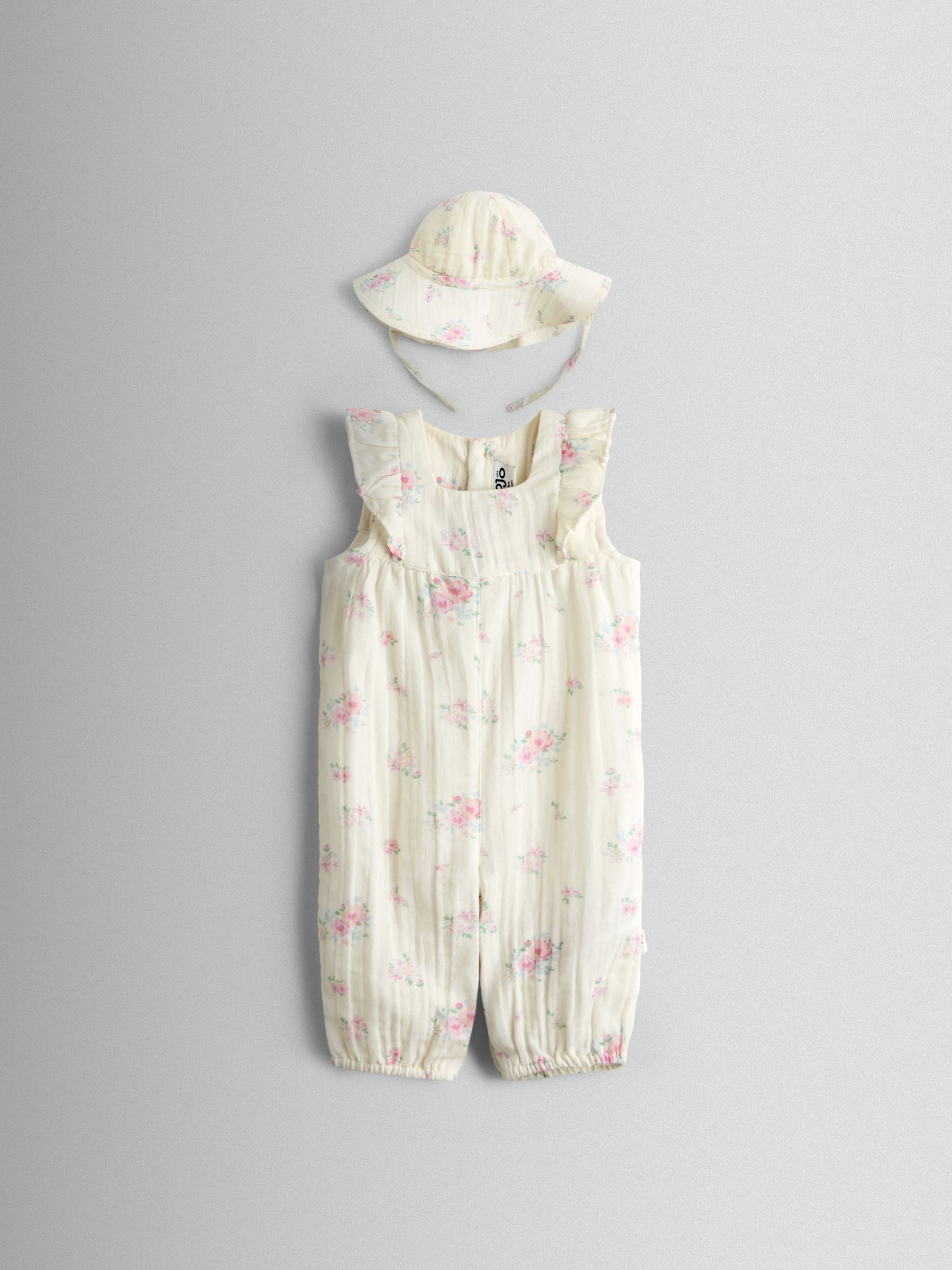 Cream Floral Frill Romper & Hat Set - Image 2 of 8