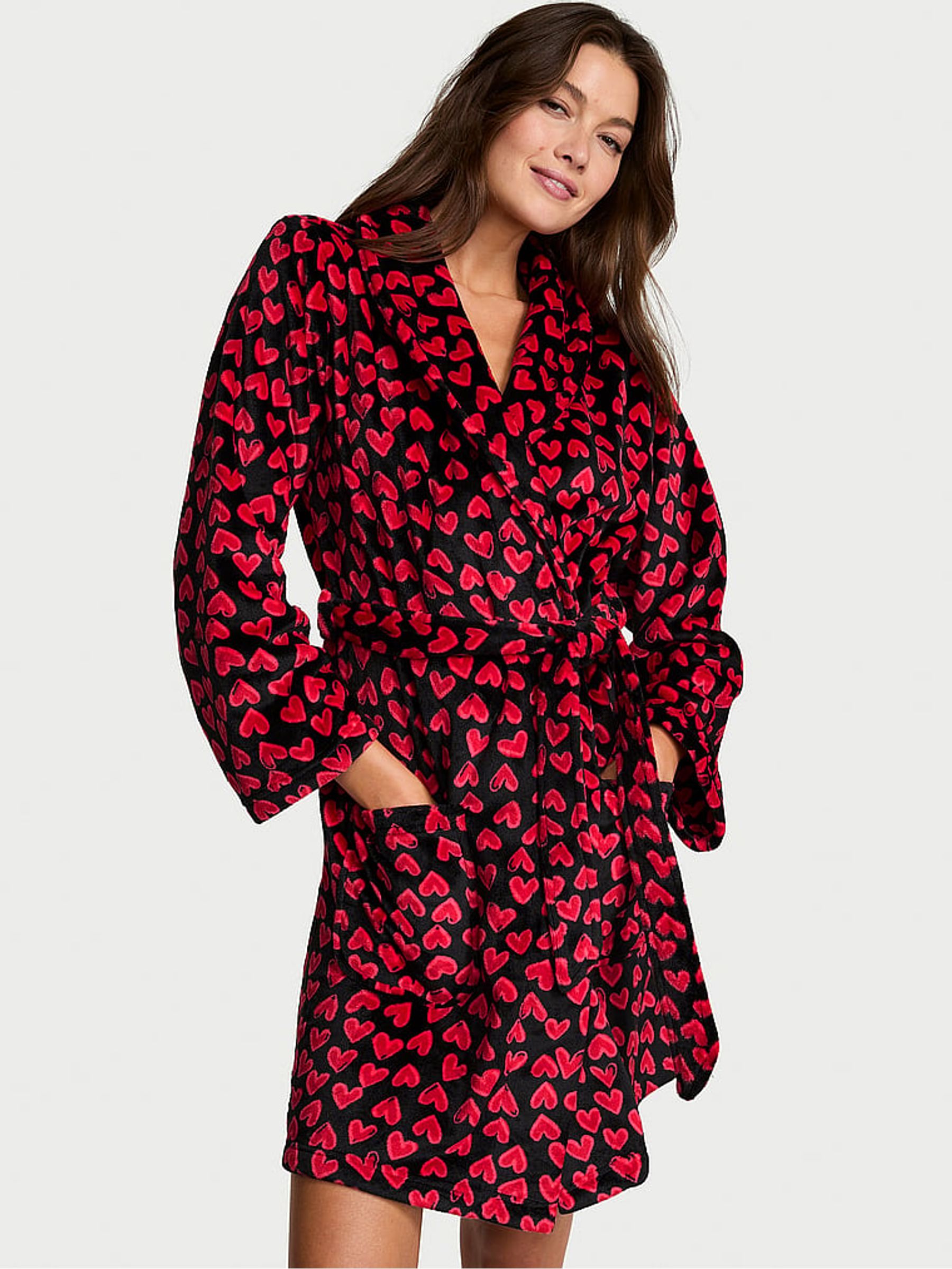 Black with Red Hearts Fluffy Short Dressing Gown - Image 1 of 2