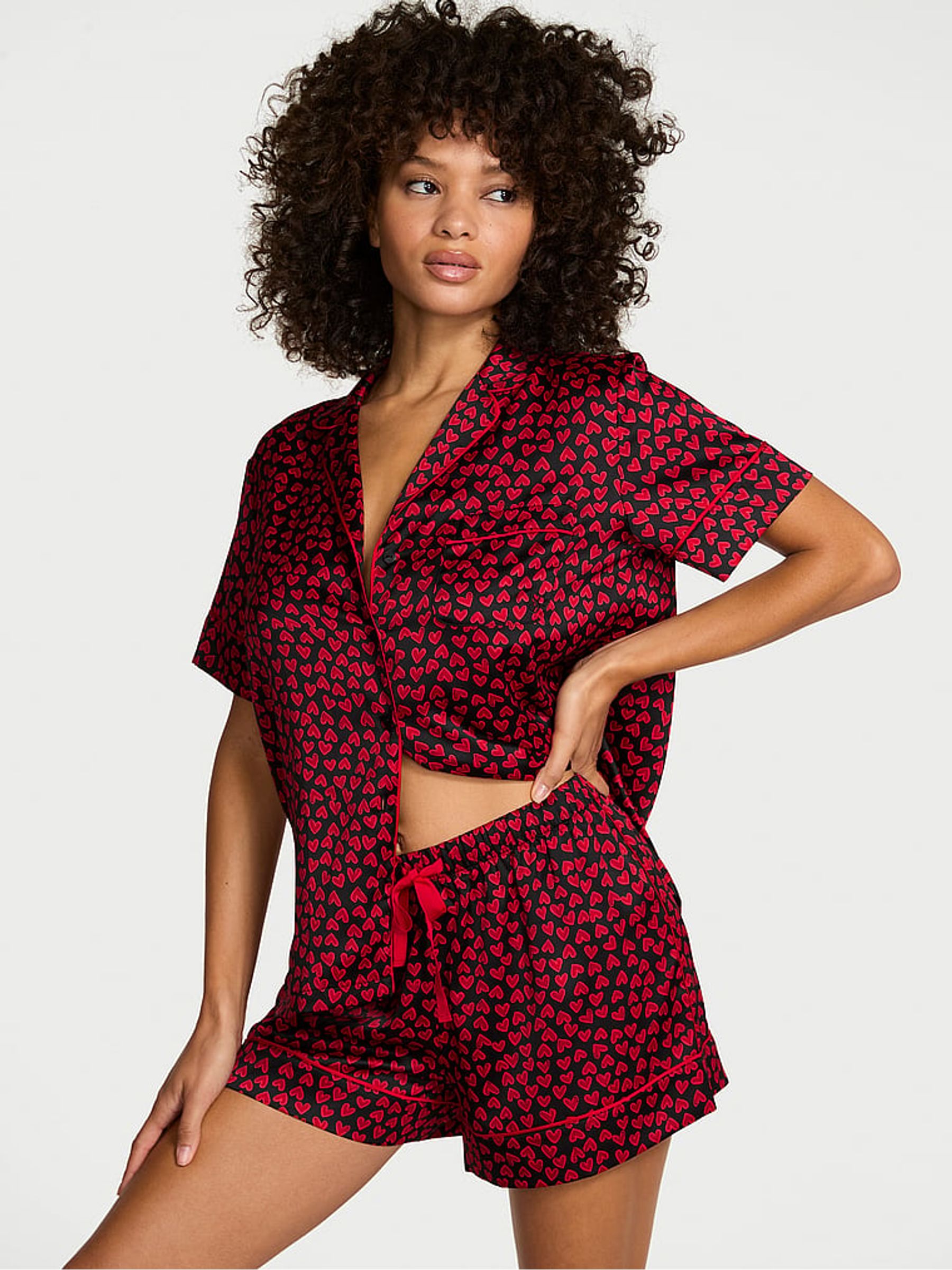 Lipstick Red Scattered Hearts Satin Short Pyjamas Set - Image 1 of 2