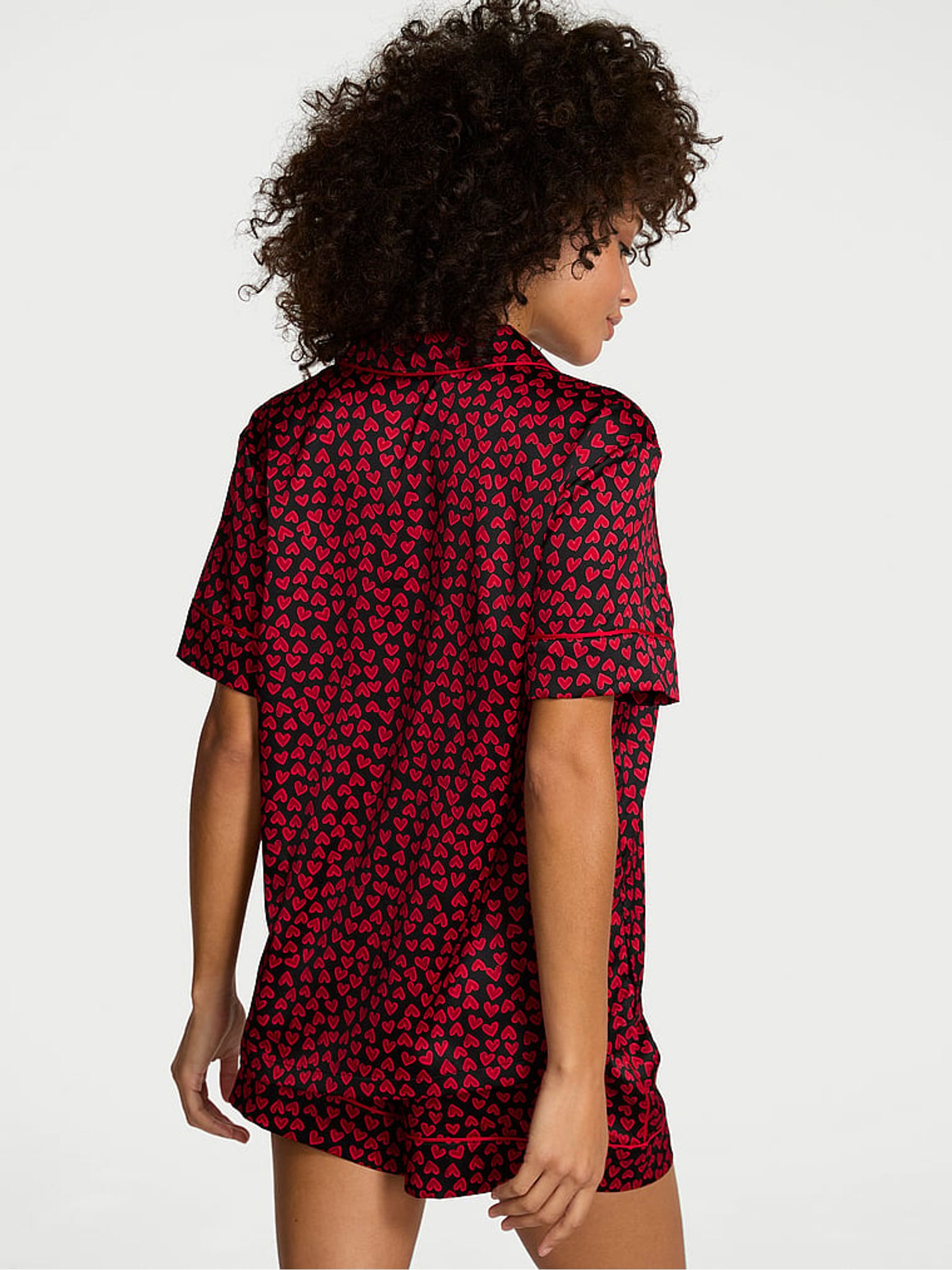 Lipstick Red Scattered Hearts Satin Short Pyjamas Set - Image 2 of 2 Lipstick Red Scattered Hearts Satin Short Pyjamas Set - Image 2 of 2