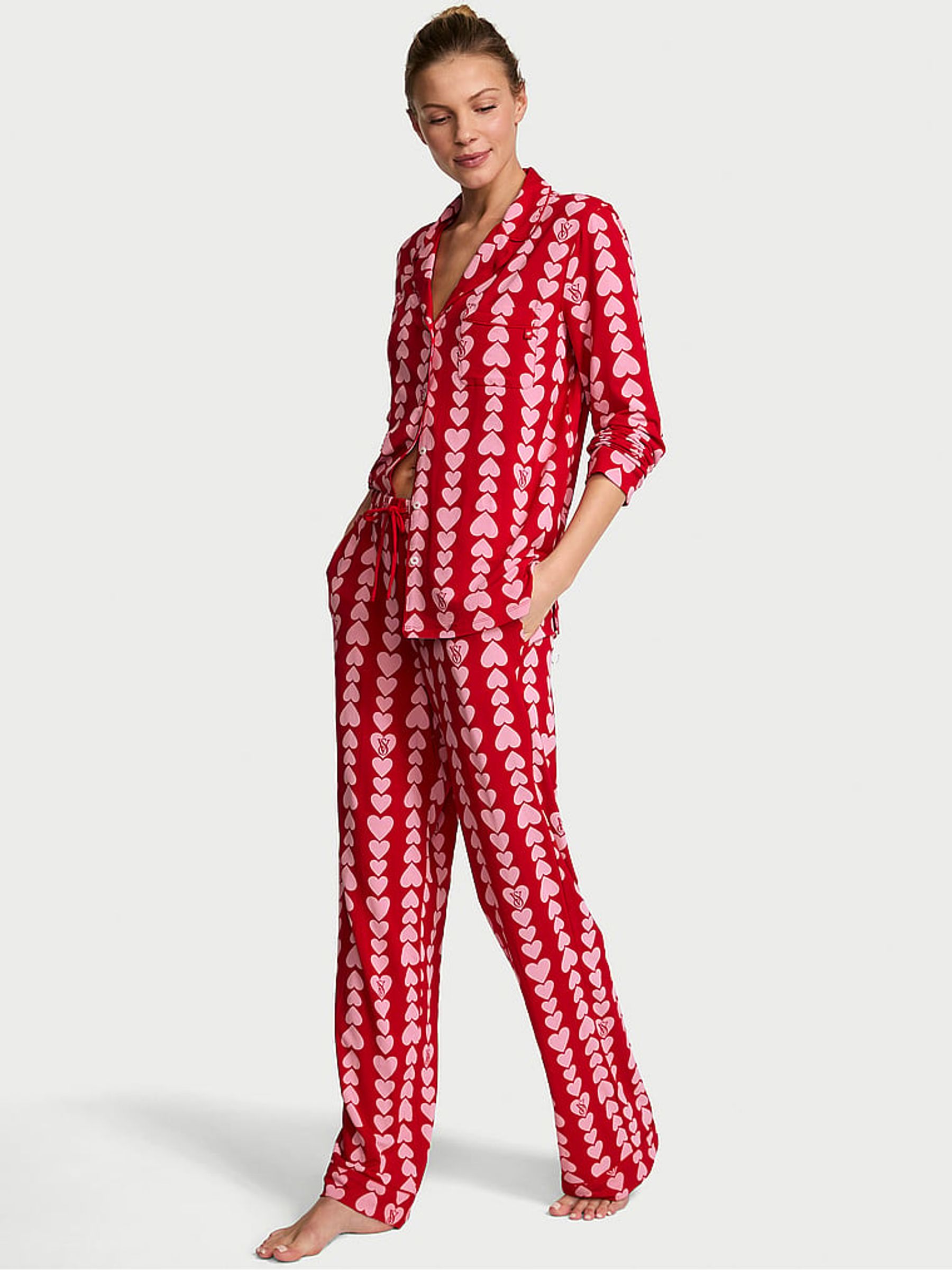 Lipstick Red and Petal Pink Scattered Hearts with drawstring Pyjamas - Image 1 of 2