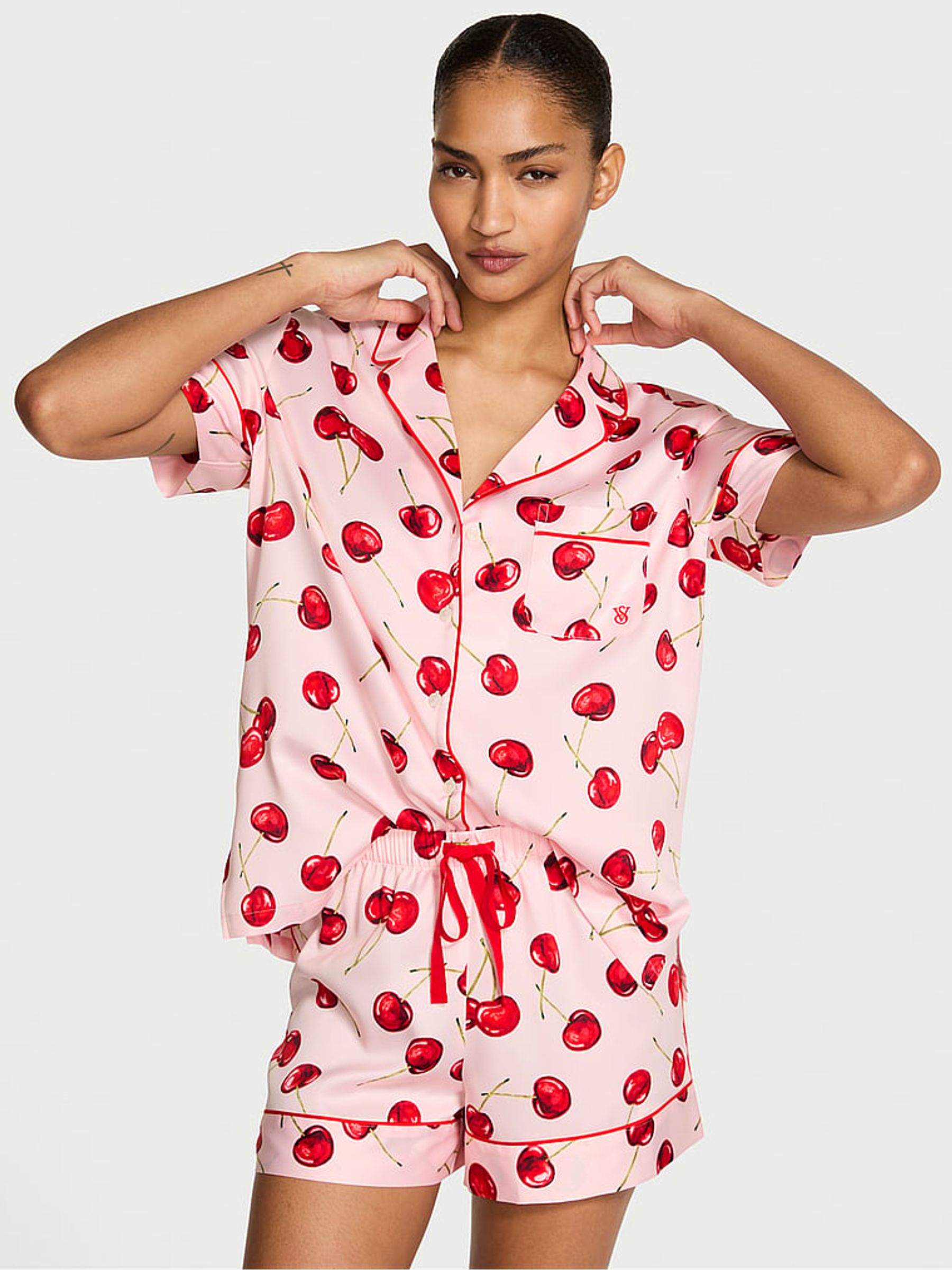 Bright Vermillion Red Exploded Cherries Satin Short Pyjamas Set