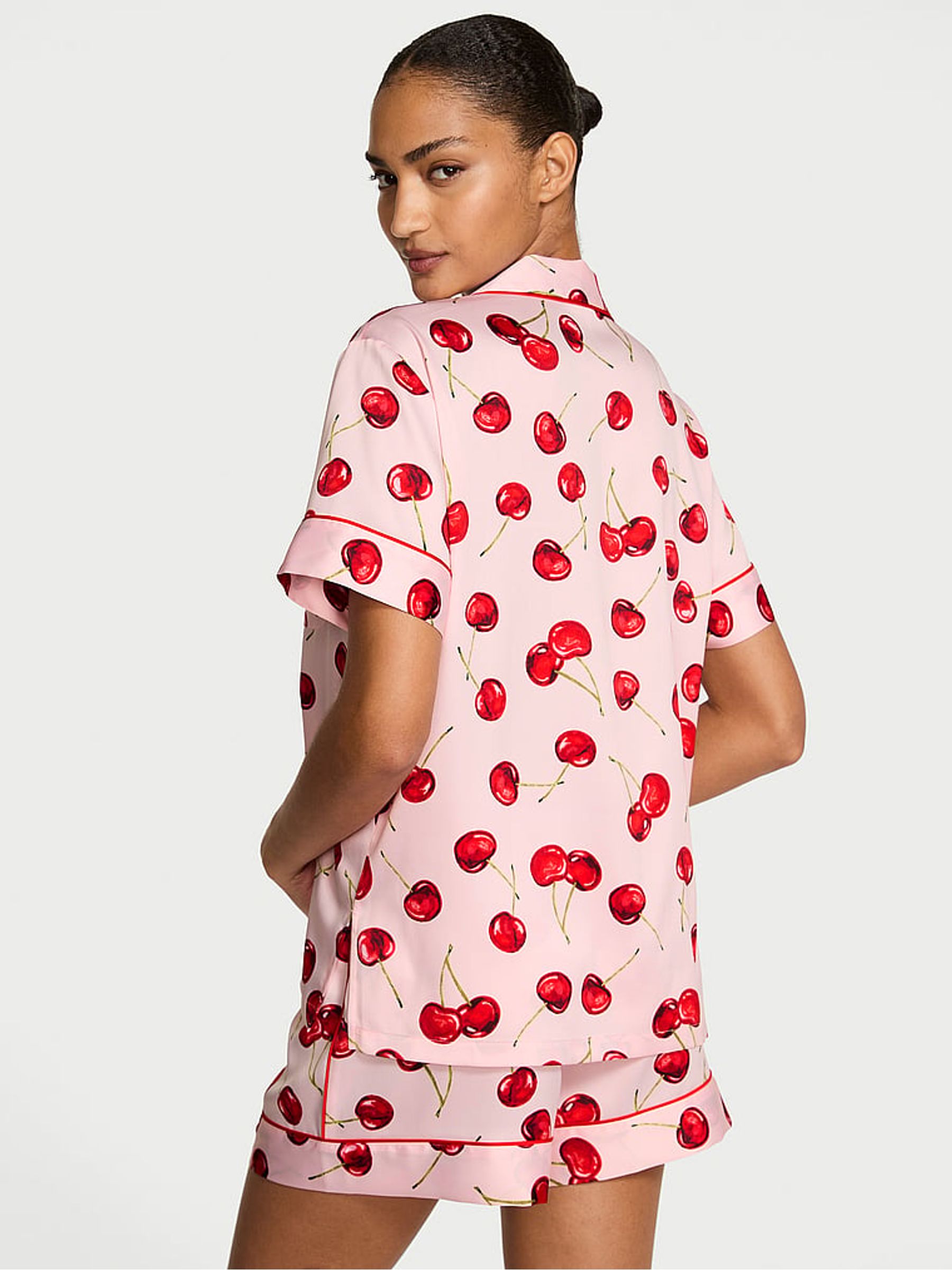 Bright Vermillion Red Exploded Cherries Satin Short Pyjamas Set