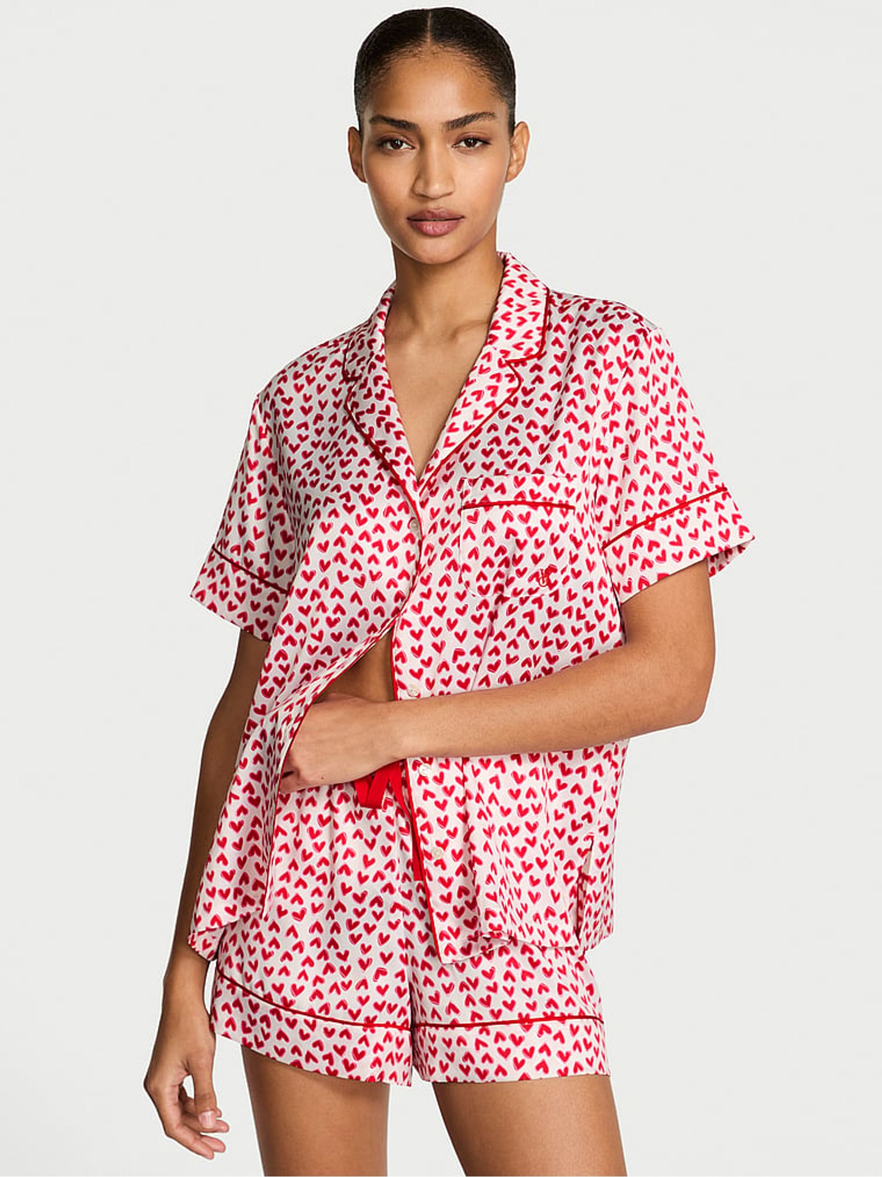 Coconut White and Lipstick Red Scattered Hearts Satin Short Pyjamas Set - Image 1 of 2