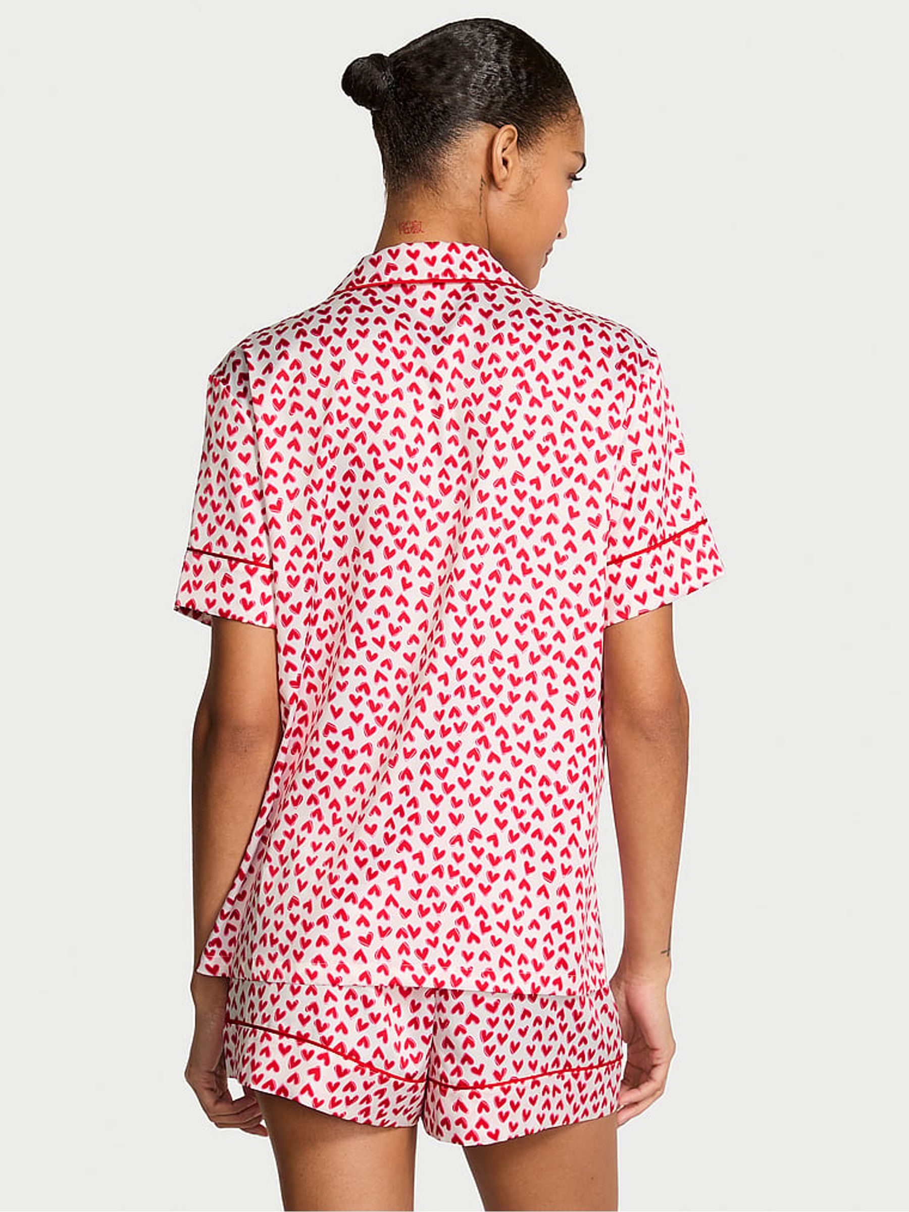 Coconut White and Lipstick Red Scattered Hearts Satin Short Pyjamas Set - Image 2 of 2