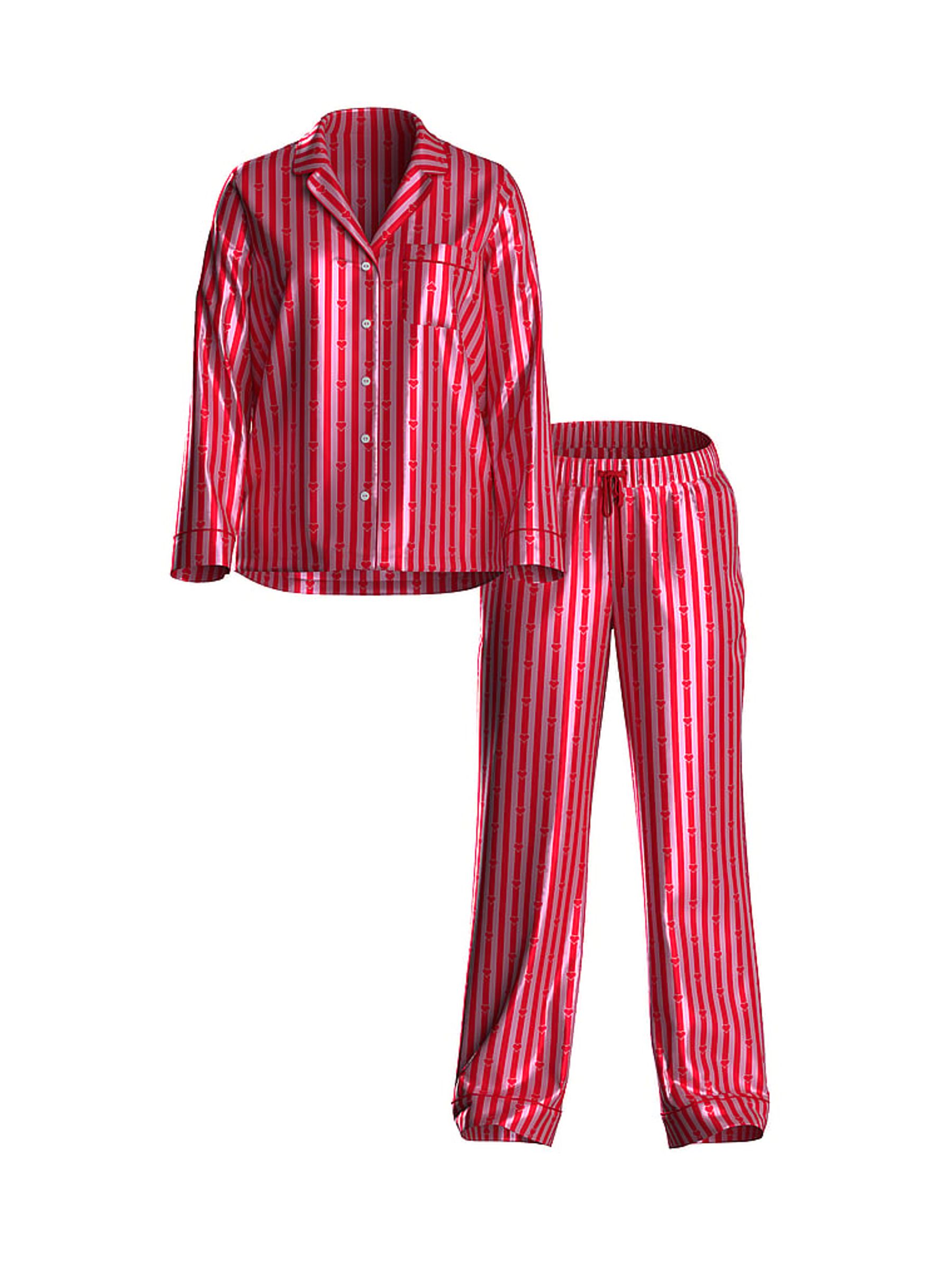 Lipstick Red and Rose Pink Heart Stripe Satin Long Pyjamas Set - Image 1 of 1