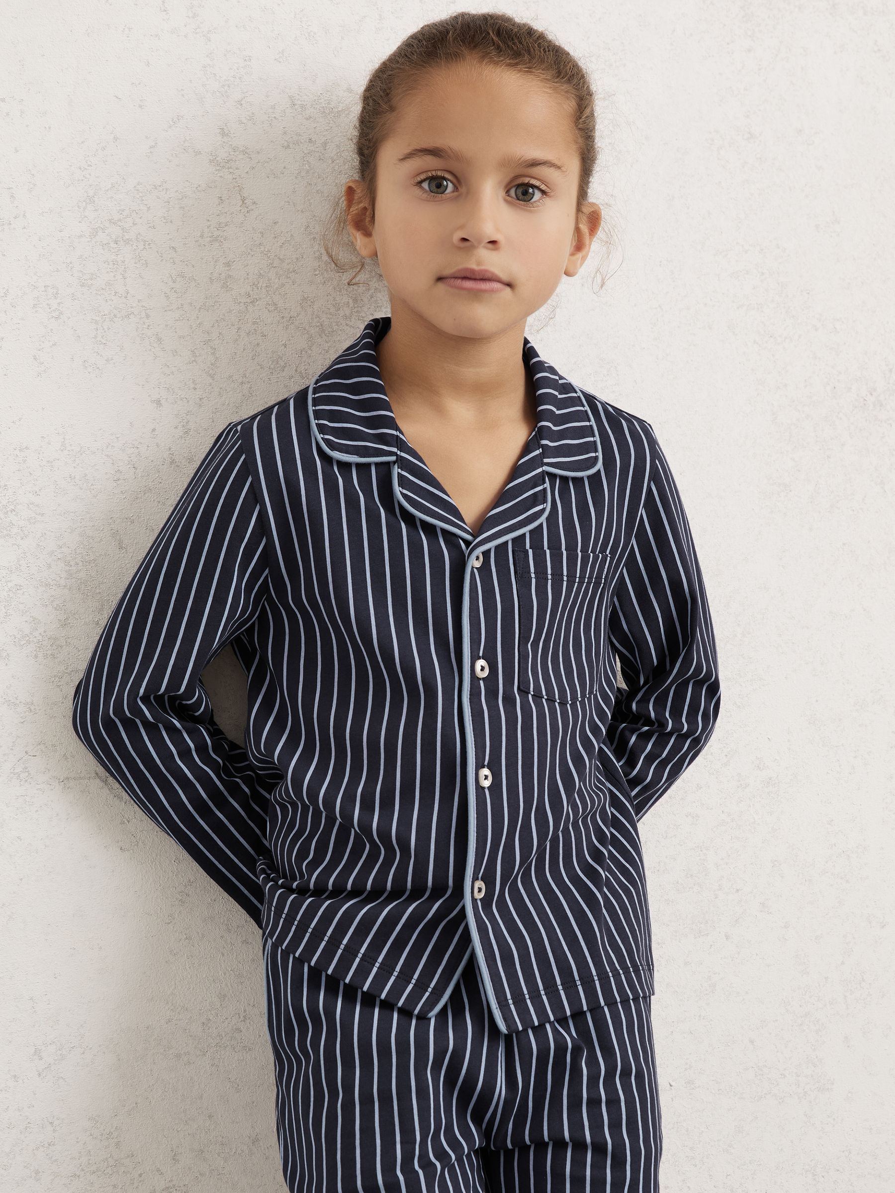 9-13 yrs Striped Pyjamas Set Unisex Fit in Navy/Soft Blue - Image 5 of 6
